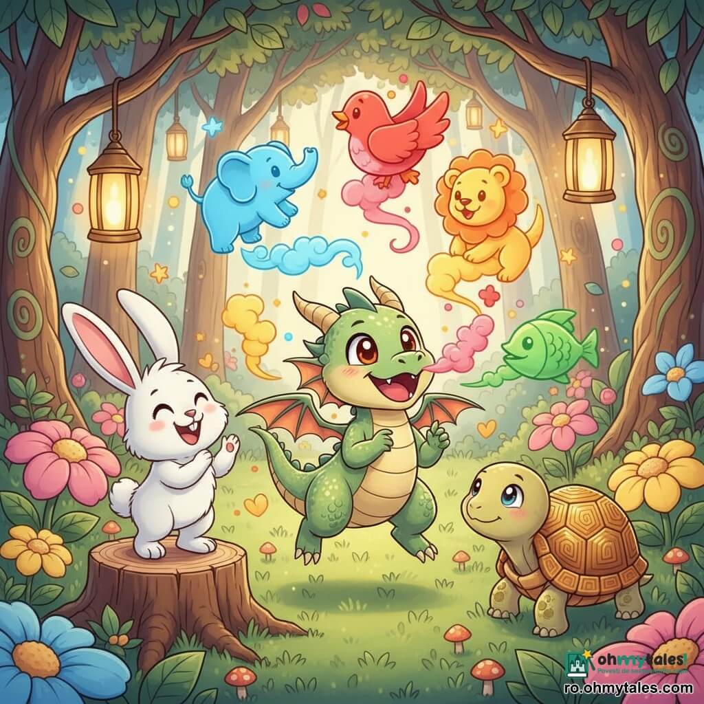 Un dragon mic, vesel și ștrengar, cu solzi verde deschis strălucitori, ochi rotunzi scânteietori, aripi mici translucide și coarne scurte, suflă nori de fum colorați în forme de animale, râzând și sărind pe picioarele din spate; un iepure alb numit Zâmbilici, blăniță pufoasă, urechi mari roz, zâmbind și aplaudând, stă în stânga pe o ciot de copac; o broască țestoasă timidă numită Râdăci, carapace lucioasă cu motive aurii și ochi blânzi, stă în dreapta privind cu uimire; scena are loc într-o pădure fermecată cu trunchiuri răsucite, frunze multicolore, o poiană ierburoasă cu flori uriașe și felinare suspendate ce emit o lumină caldă; situația principală: dragonul creează forme de fum colorat pentru a-i face pe ceilalți să râdă, atmosferă festivă, culori vii, expresii exagerate și trăsături moi în stil manga, compoziție centrată, perspectivă ușor în plasare de sus.