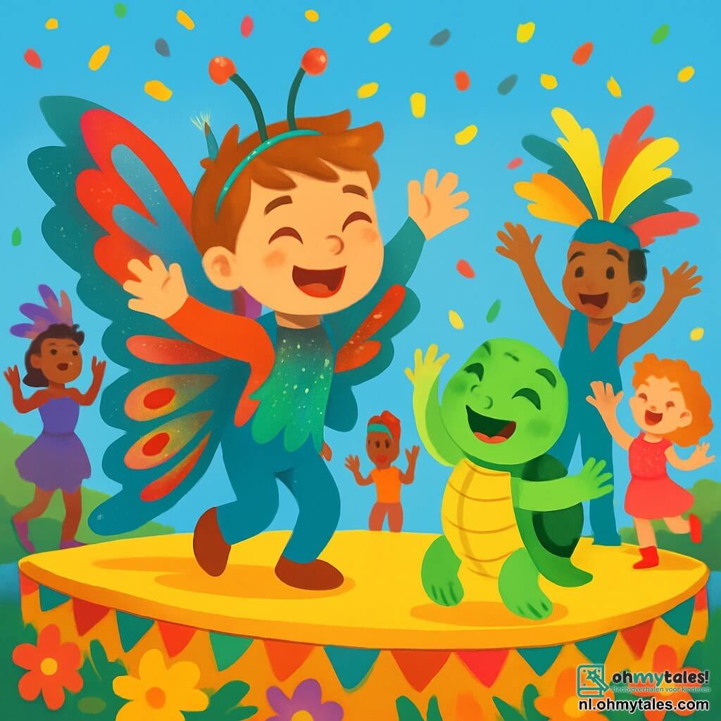 Een 4-jarig jongetje, Sam, glimlachend en vrolijk, draagt een felgekleurde vlinderkostuum: rood, groen en blauw, met glinsterende veren. Hij danst enthousiast met zijn armen omhoog, omringd door kleurrijke confetti die uit de lucht valt. Naast hem is Mila, een schattig 4-jarig meisje, een zeeschildpad met een groene schild en sprankelende ogen. Ze lacht en danst terwijl ze rondjes draait, met haar handen in de lucht. De scène speelt zich af op een groot podium versierd met schitterende bloemen en kleurrijke slingers, onder een stralende blauwe lucht. Mensen van alle leeftijden dansen om hen heen, gekleed in flamboyante kostuums, wat een feestelijke en vrolijke sfeer creëert. Sam en Mila, vol energie, nemen deel aan het grote carnaval, waar muziek weerklinkt en glimlachen de gezichten verlichten.