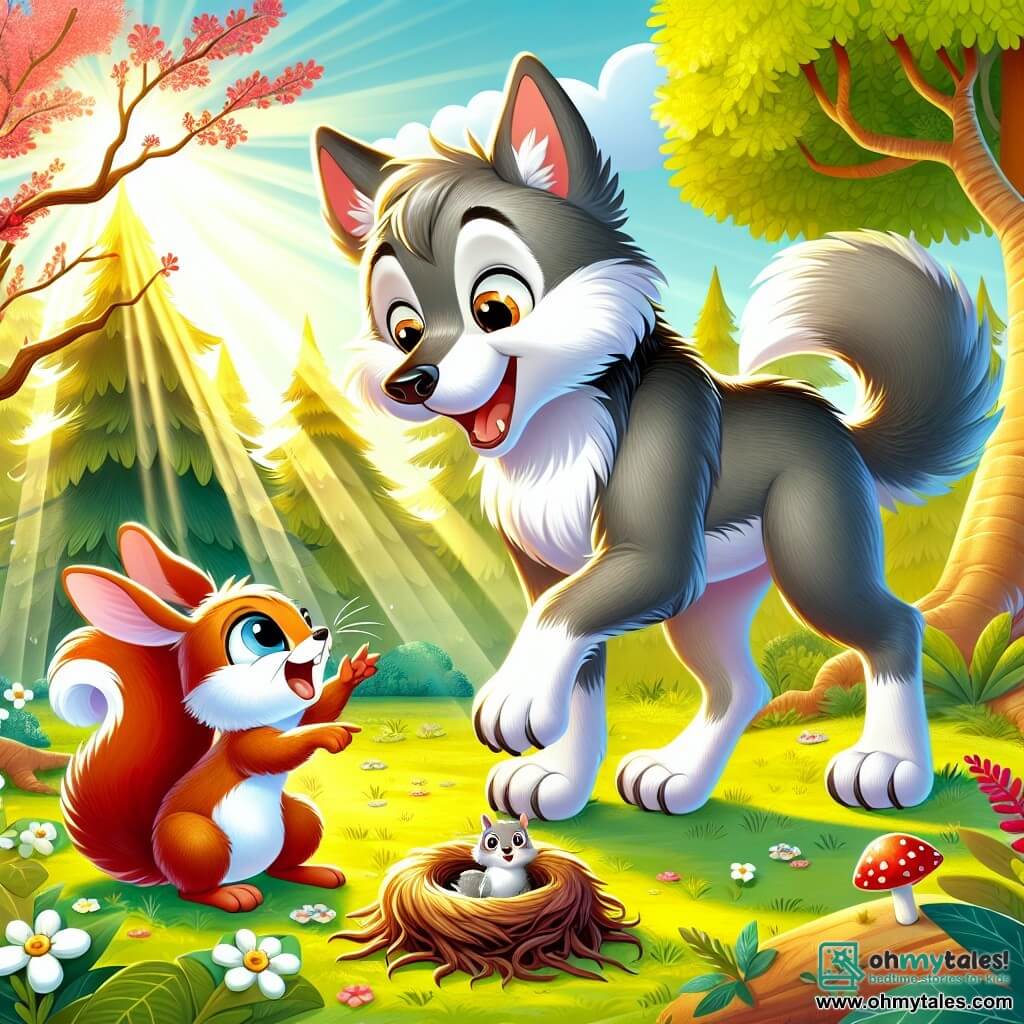 An illustration depicts a young wolf with gray fur and curious sparkling eyes, standing on its hind legs with a big smile, marveling at a small bird's nest hidden under a bush. Next to it, a red-furred squirrel with a bushy tail jumps with joy, excitedly pointing at the nest. A small rabbit with large white ears sits on the grass, looking at the nest in wonder, its front paws raised. The setting is a spring forest bathed in golden light, with vibrant green leaves and colorful flowers emerging from the ground. Sun rays filter through the branches, creating a play of shadows and light on the ground. The main scene shows young animals discovering the wonders of spring, captivated by the beauty of nature around them. Other graphic elements include blooming flowers, singing birds in the trees, and a blue sky dotted with fluffy white clouds, adding a joyful and lively atmosphere to the scene.