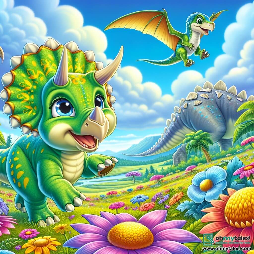 A cheerful triceratops named Trixie, with bright eyes and green scales adorned with yellow patterns, stands at the center of the image, hopping joyfully in a field of giant, vividly colored flowers. Beside her, a small velociraptor named Velo, with bright blue feathers and a mischievous smile, runs around her, his agile legs brushing against the petals. In the background, a large stegosaurus named Stella, with shiny plates and a gentle expression, watches the duo with a caring gaze, while a pteranodon named Petra soars in the sky, her wings spread wide, adding a touch of magic to the scene. The setting is a vast prehistoric plain, dotted with giant ferns and vibrant flowers, under a clear blue sky with fluffy clouds floating peacefully. The main scene shows Trixie and her friends playing together, laughing and having fun in this enchanting setting, symbolizing friendship and adventure.