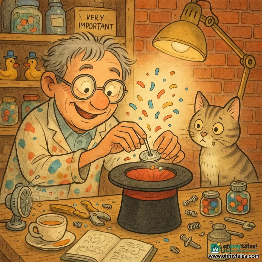 A smiling, focused man, Mr. Milo, round-faced with wrinkled safety goggles and messy light-gray hair, wearing a paint-stained smock, delicately holds a small silver disk (the Spinner) above a padded fabric top hat on a workbench; his expression is joyful and mischievous, with fine, precise hands. A cat named Pickle, beige-gray tabby with wide curious eyes and a confetti crumb on its whisker, sits at the right rear of the bench watching like an attentive assistant. On the bench are brass tools, shiny screws, jars of colorful buttons, springs, a can of glue, a small glitter fan blowing confetti, an open notebook with sketched doodles and a spilled lemon tea. The warm, cluttered workshop has wooden shelves of jars, rubber ducks wearing hats, boxes labeled VERY IMPORTANT, a yellowish adjustable lamp casting soft light, plank floor and red brick wall. Main moment: attaching the sparkling disk to the hat with a light swirl of confetti, a funny, comforting atmosphere of discovery and tinkering.