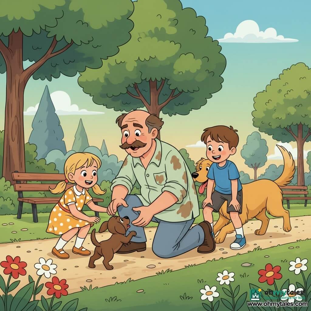 A smiling, determined veterinarian in his fifties with a thick mustache and a light green, slightly mud-stained coat kneels, gently reaching for a small brown puppy; his expression is warm and reassuring with calm, precise movements. To his left, an 8-year-old girl (Lily) with blonde pigtails in a yellow polka-dot dress crouches, eyes wide, reaching to pet the puppy. To his right, an 8-year-old boy (Max) with short brown hair and a blue T-shirt stands leaning forward with hands on his knees, excited and attentive. A large golden retriever (Buddy) with a golden coat, tongue out and plume-like tail, runs slightly behind to help guide the puppy. The late-afternoon park setting shows vibrant green grass, stylized trees, a light gravel path, a few wooden benches and red and white flowers in the foreground. The rescue scene centers on the vet touching the frightened-but-trusting puppy, with dynamic movement, kicked-up dust, clear expressions of relief and joy, and warm, contrasting colors.