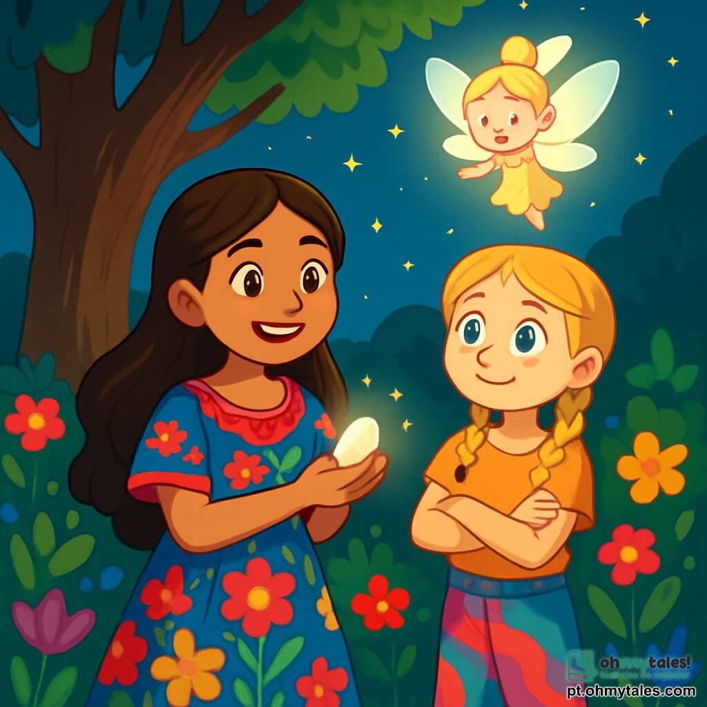 Há 2 personagens principais: Amina, uma menina de 12 anos com longos cabelos castanhos e olhos brilhantes, vestindo um vestido tradicional colorido com padrões florais, sorrindo à esquerda e segurando uma pequena pedra brilhante; e Sofia, também de 12 anos, com cabelos loiros e tranças, usando uma blusa leve e calças coloridas, à direita de Amina, com os braços cruzados e um olhar maravilhado. A cena acontece em um jardim encantador iluminado pela suave luz da lua, cercado por flores vibrantes e uma grande árvore majestosa atrás delas. O céu está salpicado de estrelas cintilantes, adicionando um toque mágico. A situação mostra Amina e Sofia descobrindo sua missão mágica com Laila, a pequena fada luminosa que flutua acima delas, prontas para uma aventura inesquecível sob a luz das estrelas.