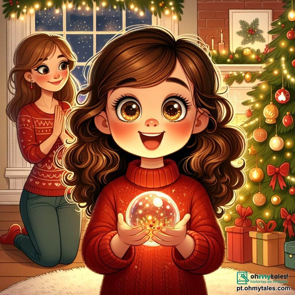 Uma menina de 6 anos, Clara, com cabelos castanhos cacheados e olhos brilhantes de curiosidade, está em frente a uma linda árvore de Natal decorada, segurando uma bola de vidro brilhante nas mãos. Ela exibe um grande sorriso maravilhado, com as bochechas rosadas de excitação. Ao lado dela, sua mãe, uma mulher de cerca de 30 anos com cabelos longos e lisos, usando um suéter vermelho festivo, a observa com ternura, com os braços cruzados e um sorriso caloroso no rosto. O ambiente é uma sala de estar acolhedora, cheia de decorações de Natal cintilantes, com luzes adornando as janelas e um tapete macio no chão. Uma suave luz dourada emana da lareira, criando uma atmosfera mágica. A cena principal mostra Clara, maravilhada com a bola de vidro que brilha intensamente, enquanto descobre um mundo mágico dentro dela, pronta para viver uma aventura de Natal inesquecível.