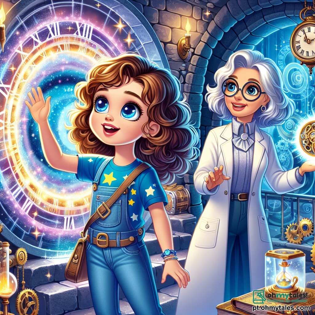 Clara, uma menina de 12 anos, tem grandes olhos brilhantes de curiosidade e cabelos castanhos cacheados que caem sobre os ombros. Ela usa uma camiseta azul com estrelas e um jeans, olhando maravilhada para um portal luminoso que se abre diante dela, com as mãos levantadas em sinal de excitação. Dra. Aurora, uma mulher de cerca de 40 anos com cabelos prateados e um sorriso caloroso, está ao lado de Clara. Ela usa um jaleco branco e óculos redondos, mostrando um holograma de um relógio antigo flutuando à sua frente. A cena acontece em uma sala secreta sob um velho relógio, com paredes de pedra e hologramas coloridos projetando imagens de invenções históricas. Engrenagens douradas e livros antigos estão espalhados ao redor, criando uma atmosfera mágica e misteriosa. Clara e Dra. Aurora estão diante de um portal cintilante, prontas para embarcar em uma viagem no tempo, cheias de expectativa e aventura.