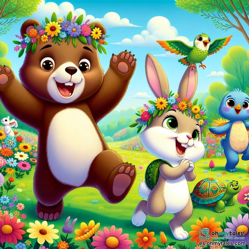 Un pequeño oso marrón llamado Bruno, con un pelaje suave y ojos brillantes de alegría, salta de felicidad en un campo de flores coloridas, con los brazos abiertos hacia el cielo. A su lado, una liebre de grandes orejas llamada Lila, con pelaje beige y ojos traviesos, baila haciendo piruetas, su rostro radiante de felicidad. Al fondo, un pajarito azul llamado Miguel, posado en una rama, canta alegremente, sus plumas brillantes reluciendo al sol, mientras una tortuga verde llamada Tula, con un caparazón decorado con motivos florales, sonríe suavemente recogiendo flores del suelo. El lugar es un hermoso bosque primaveral, lleno de árboles con hojas verdes brillantes, flores multicolores y un cielo azul claro salpicado de nubes blancas y esponjosas. La escena principal muestra a Bruno y sus amigos preparando el Festival de las Flores, rodeados de guirnaldas de flores que han hecho, con risas y sonrisas iluminando sus rostros.