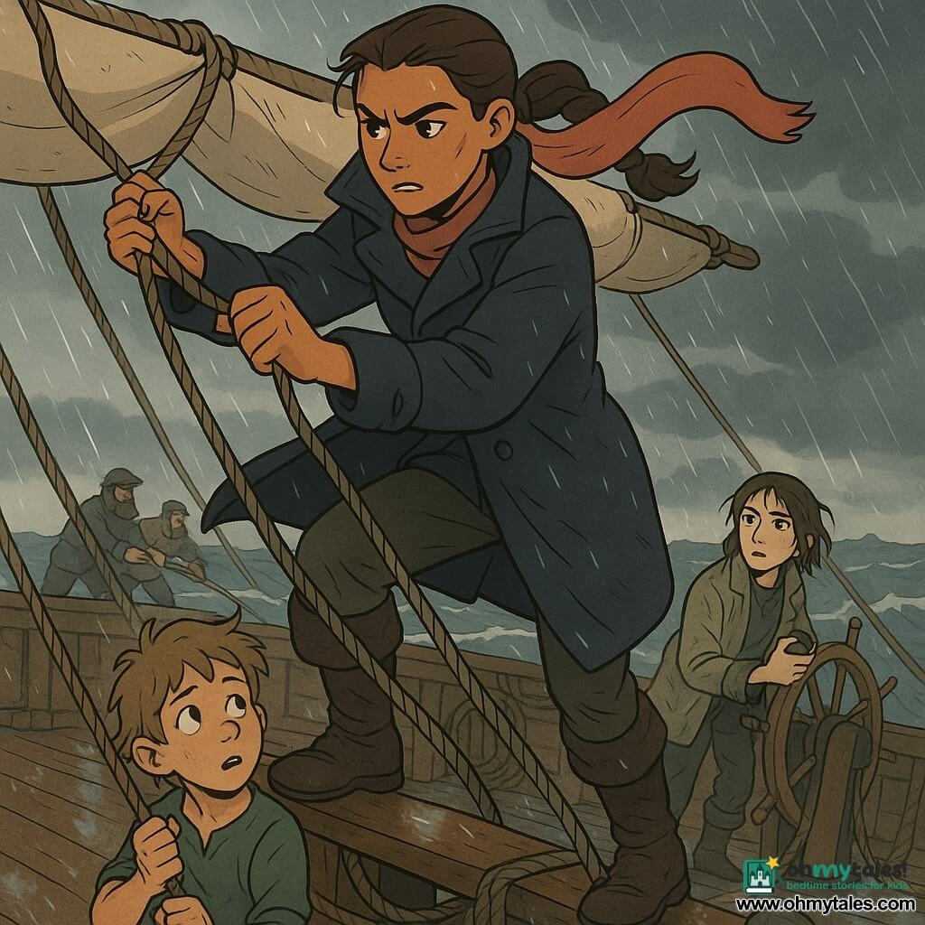 The main character is Captain Mara, about 28, brown hair in a tight braid, tanned skin, wearing a dark navy sea coat and a red scarf; she hangs from the lower yard fastening a reef on the sail with a determined, furrowed expression. A secondary character is Nibs, about 12, round-faced and anxious but brave, messy hair, holding a rope on the deck below and watching the captain, trying to imitate her. Another secondary is Juniper, about 18, rain-soaked hair and a salt-stained jacket, leaning on the helm mid-deck, watching the horizon with a small compass in hand. In the background two blurred sailors pull on halyards against the wind. The scene is on an old wooden ship with wet deck, thick rigging and iron bitts, partially furled sails, rough grey sea with white foam and a dramatic sky of dark clouds and slanting rain; the moment captures the captain quickly reefing the mainsail amid strong wind, taut ropes, splashing spray, tension and courage.
