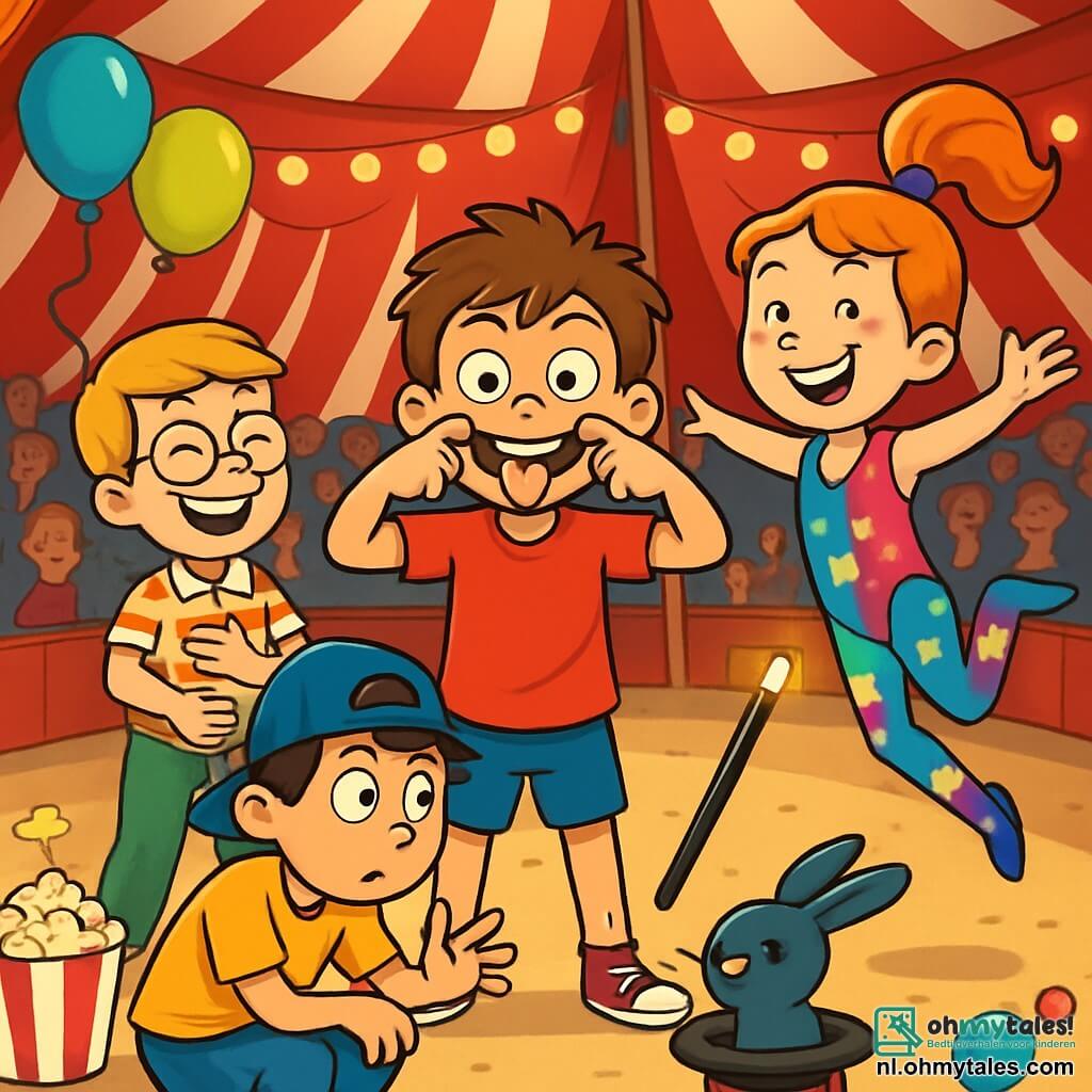 Er zijn 4 personages: - Jurre: Een 10-jarig jongen met rommelig bruin haar en een grote glimlach. Hij draagt een rood T-shirt en een blauwe short. Jurre maakt een grappige grimasse, staande in het midden van de afbeelding. - Milan: Een 10-jarig jongen met blond haar en ronde bril. Hij draagt een gestreepte shirt en groene broek. Milan staat iets naar achteren, lacht en houdt zijn buik vast. - Sam: Een 10-jarig jongen met zwart haar en een achterstevoren pet. Hij draagt een gele T-shirt en jeans. Sam is gehurkt en houdt een grote toverstok vast, klaar om een truc te doen. - Fien: Een 9-jarig meisje met een rode paardenstaart en sproeten. Ze draagt een kleurrijke acrobatenoutfit met glitters. Fien springt gracieus met een grote glimlach naast Jurre. De situatie speelt zich af in een grote circustent met heldere rode en witte strepen. Binnen verlichten fonkelende lichten het podium en enthousiaste toeschouwers vullen de houten banken. Kleurrijke ballonnen zweven in de lucht en de geur van popcorn en suikerspin mengt zich met de opwindende sfeer. De hoofdactie van het verhaal toont de vier vrienden die hun eerste circusvoorstelling doen. Jurre maakt een grappige grimasse, Milan lacht hard, Sam probeert een konijn tevoorschijn te toveren met zijn toverstok, terwijl Fien een acrobatische sprong maakt. De sfeer is vrolijk en vol gelach, wat de geest van het circus vangt.