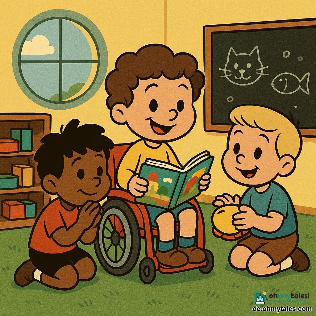 Drei Kinder: Max, ca. 5 Jahre, braune lockige Haare, helle Haut, sitzt in kleinem glänzend roten Rollstuhl links-mittig, lächelt und hält ein buntes Buch auf dem Schoß; Ben, ca. 5 Jahre, kurze blonde Haare, sitzt rechts von Max, tippt sanft auf eine kleine gelbe Tamburin und schaut bewundernd; Leo, ca. 5 Jahre, zerzauste schwarze Haare, dunklere Haut, hockt vorne links, Hände gefaltet, staunender Blick, als stelle er sich die Geschichte vor. Ort: sonniger Kindergartenraum mit großen runden Fenstern, blassgelben Wänden, grünem Teppich, niedrigen Holzregalen mit bunten Bauklötzen und einer Kreidetafel mit Tierzeichnungen. Szene: Max erzählt im Kreis; die drei sitzen nah beieinander, konzentriert und fröhlich, mit sanften Ausdrücken und ruhigen Gesten, warme Atmosphäre, kräftige Farben, weiche Schatten, Retro-Cartoon‑„rubber hose“-Stil mit runden fließenden Linien, einfachen Texturen und klaren Kontrasten.