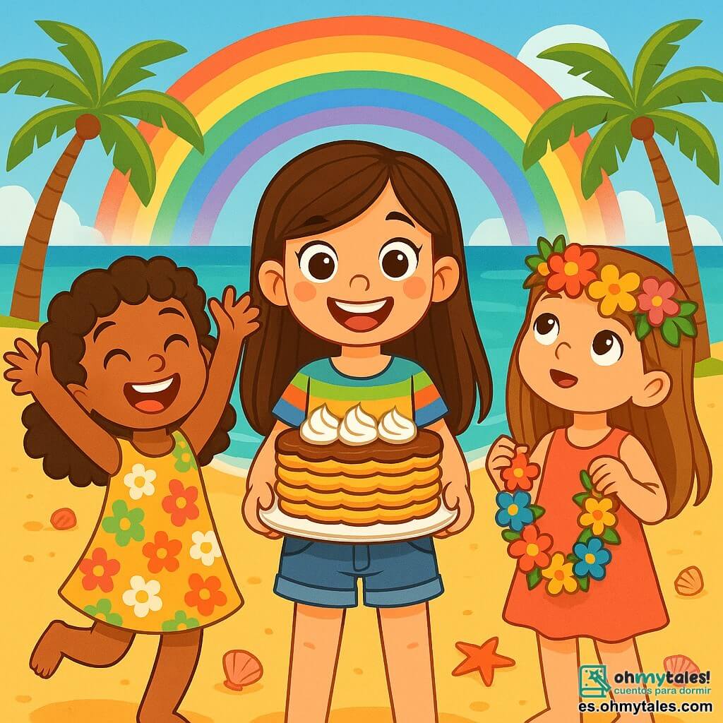 Hay 3 personajes: - Sofía: una niña de 8 años, con cabello largo castaño y ojos brillantes. Lleva una camiseta colorida y un short de mezclilla. Está en el centro, sonriendo, sosteniendo una gran tarta de galletas decorada con crema. - Valeria: una niña de 8 años, con cabello rizado y un vestido de flores. Está a la izquierda de Sofía, levantando los brazos, llena de energía y con una sonrisa radiante. - Luna: una niña de 8 años, con cabello liso y una corona de flores en la cabeza. Está a la derecha de Sofía, sosteniendo una guirnalda de flores exóticas, mirando al cielo con asombro. El lugar es una playa tropical, con arena dorada y palmeras moviéndose con la brisa. Al fondo, hay un océano turquesa brillante bajo el sol y un arcoíris que se extiende sobre la escena. La situación principal muestra a las tres amigas celebrando el cumpleaños de Sofía, rodeadas de decoraciones coloridas de flores y conchitas. Bailan alegremente, riendo y disfrutando, mientras amigos y familiares las observan con felicidad.