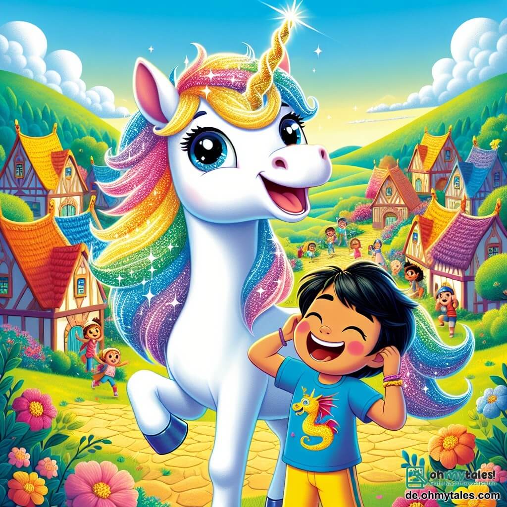 Eine wunderschöne Einhorn namens Glitzerchen steht im Mittelpunkt des Bildes, mit einer leuchtenden Regenbogenmähne, die in der Sonne funkelt. Ihre großen, strahlenden Augen drücken Freude und Aufregung aus, während sie breit lächelt, bereit, einen Moment des Glücks zu teilen. Neben ihr steht ein Junge namens Tim, etwa 8 Jahre alt, in einem blauen T-Shirt mit einem Drachenmotiv und einer gelben Shorts. Er lacht laut, die Arme in die Luft gehoben, während er leicht im Hintergrund steht und das Einhorn bewundert. Die Szenerie spielt in einem bezaubernden Dorf mit bunten Häusern mit geneigten Dächern, umgeben von leuchtenden Blumen und grünen Bäumen. In der Ferne zeichnen sich sanfte Hügel unter einem klaren blauen Himmel mit fluffigen Wolken ab. Die Hauptszene zeigt Glitzerchen und Tim, die einen fröhlichen Geburtstag feiern, umgeben von anderen Kindern, die lachen und um eine große, köstliche Schokoladentorte tanzen, was eine festliche und lebendige Atmosphäre schafft.