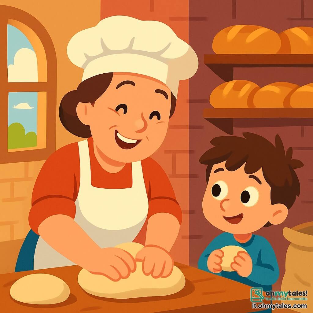 La scena mostra la signora Marta, una donna di mezza età con un grande sorriso caloroso, che indossa un elegante grembiule bianco e un cappello da panettiere. Sta impastando della pasta per il pane con le mani, i suoi occhi brillano di gioia e concentrazione. Accanto a lei, Leo, un bambino curioso di circa 7 anni con i capelli castani disordinati e gli occhi spalancati, osserva con meraviglia. Tiene un piccolo pezzo di pasta tra le mani, pronto ad appiattirlo, e si tiene leggermente in disparte, ammirando il lavoro della signora Marta. La scena si svolge in una graziosa panetteria, con muri in mattoni rossi, scaffali in legno pieni di pani dorati e sacchi di farina impilati in un angolo. La luce morbida del mattino filtra attraverso la finestra, illuminando la stanza con un'atmosfera calda e accogliente. La situazione principale mostra la signora Marta e Leo che preparano il pane insieme, ridendo e condividendo momenti di complicità, circondati dall'odore delizioso della pasta fresca e dalla gioia di imparare a fare il pane.