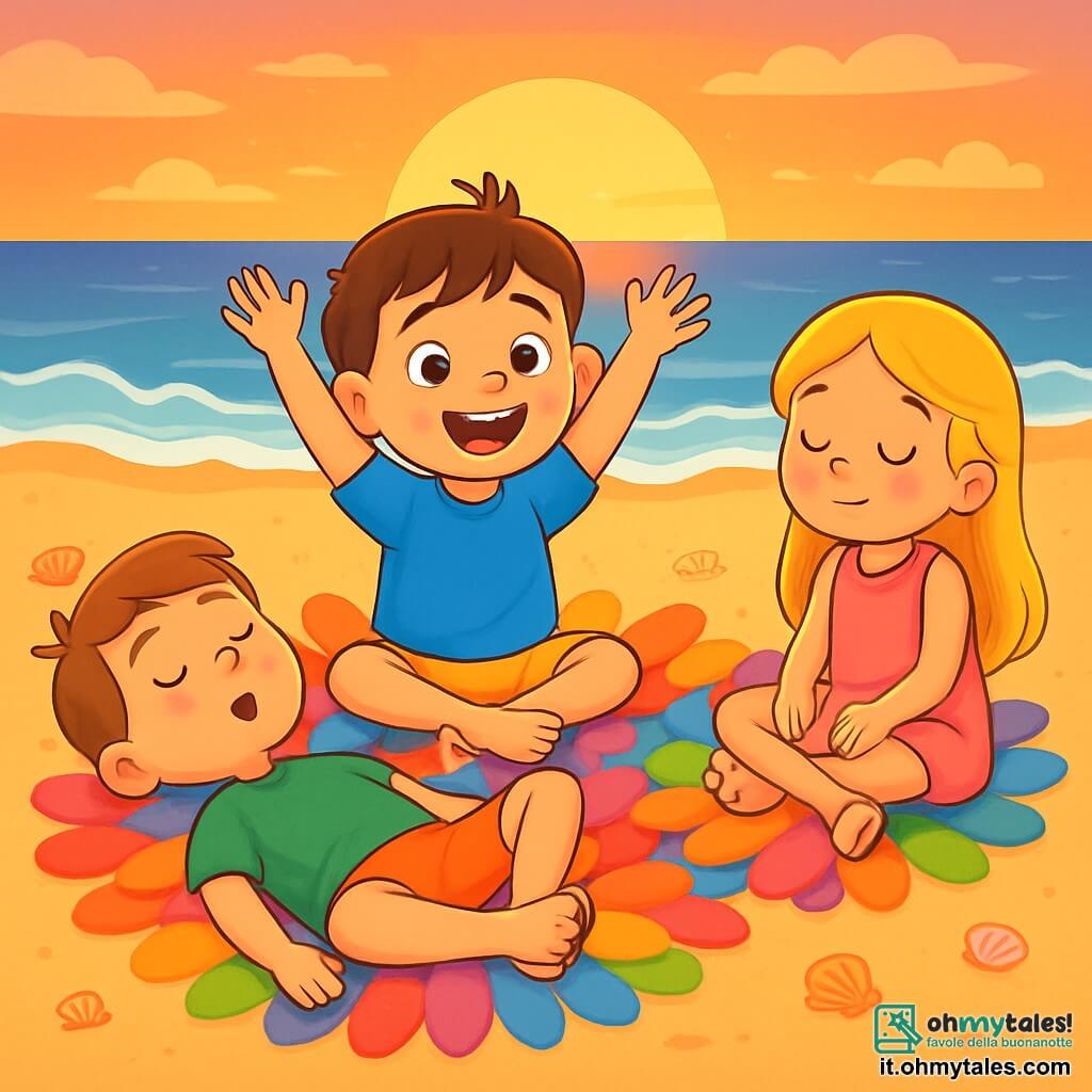Ci sono 3 personaggi: - Gabriele: un bambino di 5 anni, con capelli castani e occhi vivaci. Indossa una maglietta blu e pantaloni corti gialli. È seduto su un tappeto di petali colorati, con le braccia alzate verso il cielo, imitando un albero. - Nina: una bambina di 5 anni, con lunghi capelli biondi e un sorriso radioso. Indossa un vestito rosa e sandali bianchi. È seduta accanto a Gabriele, con le mani sulle ginocchia, gli occhi chiusi, respirando profondamente. - Tommaso: un bambino di 5 anni, con capelli castani e lentiggini sul viso. Indossa una maglietta verde e pantaloni corti arancioni. È sdraiato sul tappeto di petali, con le braccia distese, facendo la posizione della farfalla. Il luogo è una spiaggia dorata al tramonto, con onde leggere che sussurrano in sottofondo. La spiaggia è cosparsa di conchiglie scintillanti e il cielo è dipinto di sfumature rosa, arancioni e viola. Un tappeto di petali luminosi, dai colori vivaci, si estende sotto i bambini, creando un'atmosfera magica e pacifica. La situazione principale mostra i bambini che praticano esercizi di respirazione zen, seduti e sdraiati sul tappeto di petali, circondati dalla bellezza rasserenante della natura. Sono immersi in un momento di calma e serenità, respirando insieme, in armonia con il dolce sussurro delle onde.