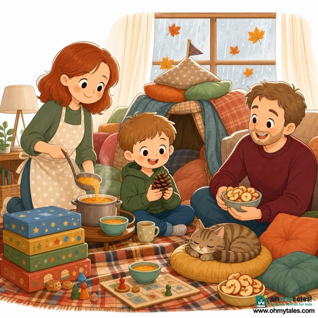 An 8-year-old boy, joyful and wide-eyed with short light brown hair, holds a textured brown pinecone; a smiling redheaded mother in her mid-30s wearing a polka-dot apron stands left behind him pouring golden soup into a bowl; a lightly bearded father around 37 in a warm burgundy sweater sits on the right laughing and holding a bowl of apple chips; a small round tabby cat named Pickles naps with its tail curled on a cushion beside the boy; they’re in a cozy living room with a thick plaid blanket on the floor, stacked colorful board games, a cushion “fort” by a rain-speckled window with orange and yellow leaves on the glass—after the rain the family shares autumn soup in soft warm light, a comforting scene of simple family joys.