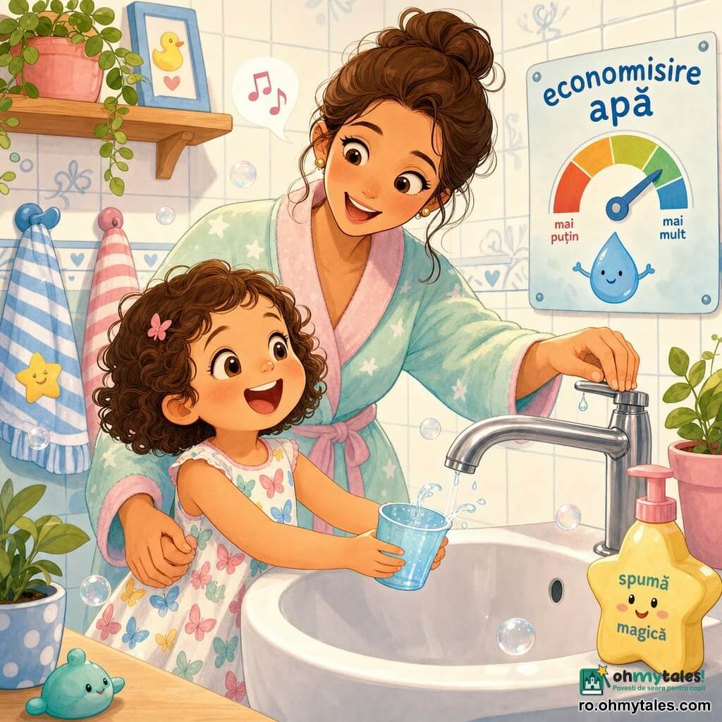 O fetiță de 4 ani, veselă și curioasă, păr brunet buclat tuns bob, ochi mari strălucitori, rochie cu fluturi, râde ținând o ceașcă mică de plastic sub un jet de apă blând; o femeie de ~30 de ani, mamă binevoitoare, păr prins în coc, halat pastel, zâmbește și cântă în timp ce închide robinetul cu o mână și îi ține mâna fetiței cu cealaltă, stând în spatele ei lângă chiuvetă; baie luminoasă și colorată cu faianță albă cu motive bleu, prosoape în dungi, poliță de lemn cu plante în ghiveci și săpun spumos în formă de stea, picături de apă sclipitoare în aer; moment tandru și dinamic: jet subțire și controlat, bule de săpun plutitoare, amândouă cântă un refren, o mică ilustrație arată „economisire a apei” în culori vii; paletă caldă și pastelată, linii rotunjite, iluminare caldă, texturi moi, expresii exagerate și expresive pentru complicitate.