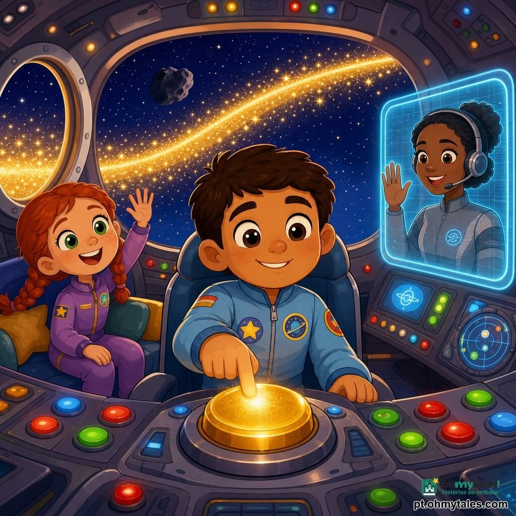 Um homem chamado Miguel, rosto redondo e caloroso, cabelo castanho curto e olhos atentos sorri aliviado e confiante enquanto aperta um grande botão dourado luminoso; veste um pequeno uniforme espacial azul-claro com patches coloridos e está sentado no centro da cabine. Uma menina de cerca de 6 anos, cabelos ruivos em tranças e olhos brilhantes, senta-se à esquerda junto ao olho-de-boi, olha pela janela e acena alegremente. Uma operadora adulta (cerca de 30 anos) aparece como holograma no painel direito, cabelo preto preso e roupa cinza-pálido, sorri e acena como a torre de controle que confirma a permissão. A cabine é pequena e acolhedora, com botões redondos coloridos, telas com ícones, texturas metálicas suaves e almofadas claras; grandes janelas mostram um caminho estelar brilhante, poeira de estrelas dourada e um asteroide escuro ao fundo. A cena captura o momento em que a luz do trajeto fica dourada e os passageiros respiram aliviados; atmosfera calma, segura e alegre, cores em tons pastéis, contrastes nítidos, traços simples e expressivos, composição centrada em Miguel e no botão dourado.