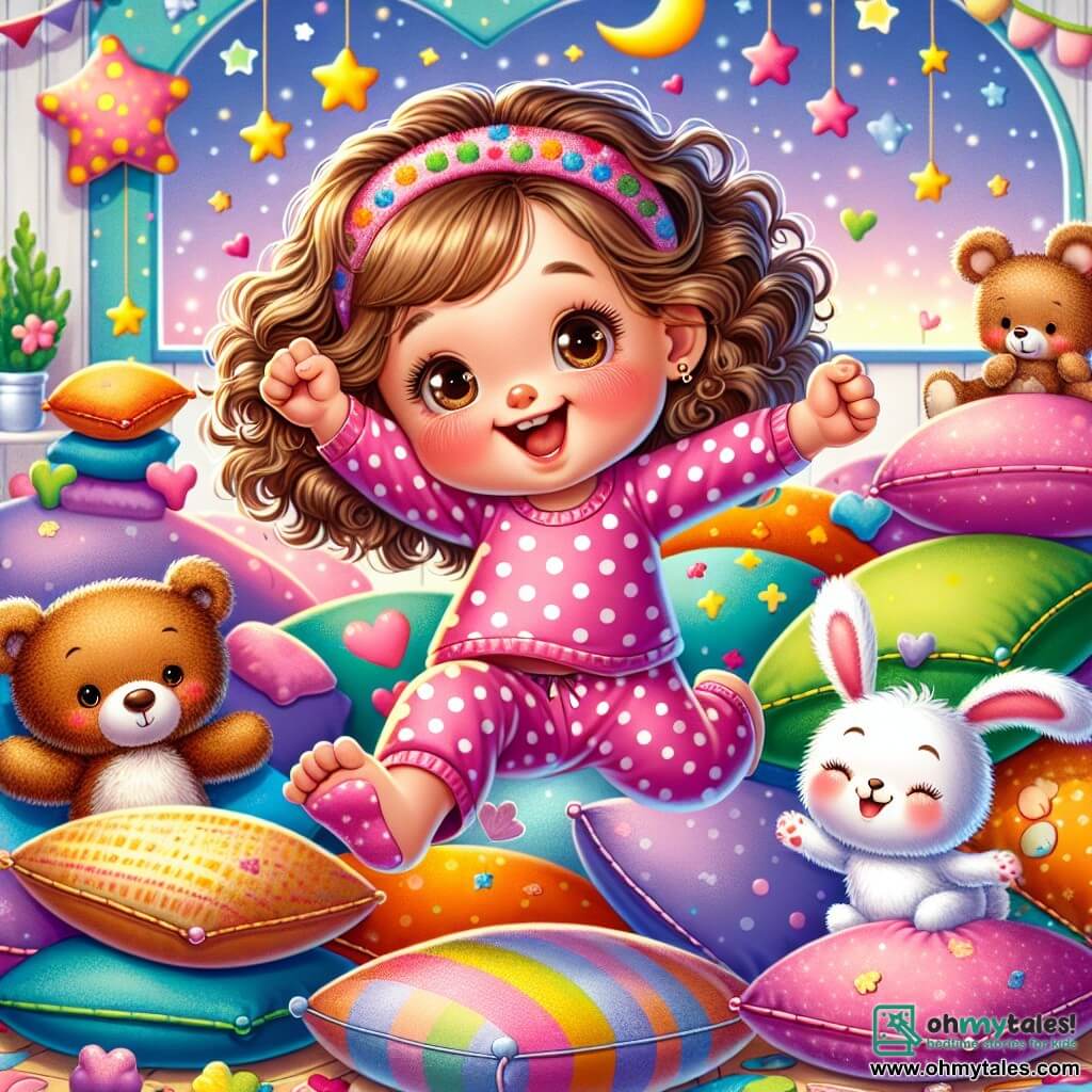 A 2-year-old girl with big round eyes and curly hair joyfully smiles while jumping on a pile of soft, colorful cushions. She is wearing a pink polka dot pajama, and her cheeks are flushed with excitement. Next to her is a teddy bear, Teddy, with soft brown fur and shiny eyes, encouraging her by raising a paw, ready to jump too. A little white rabbit, Mr. Fluffy, with big ears, stands just behind, looking curious and amused, ready to leap. The scene takes place in a cozy living room filled with cushions of all colors, with twinkling stars hanging from the ceiling and a smiling moon shining through the window. Milly and her friends are having fun jumping for joy on the cushions, with feathers floating around them, creating a playful and magical atmosphere as they laugh and enjoy together.