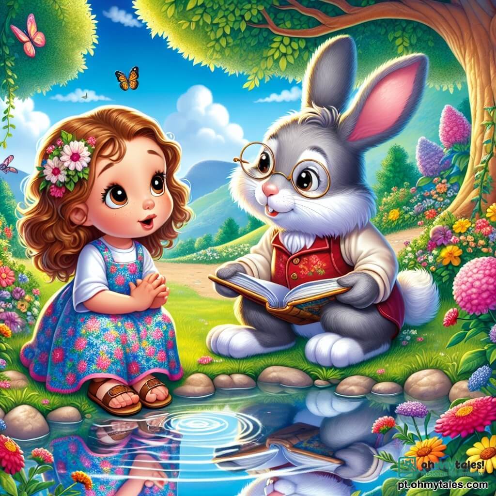 Uma menina de 4 anos, Clara, com grandes olhos curiosos e cabelos cacheados castanhos, está à beira de um lago cristalino, seu rosto iluminado por um sorriso maravilhado. Ela usa um vestido colorido com flores e sandálias, e se ajoelha para observar seu reflexo na água, com as mãos delicadamente apoiadas na superfície. Ao lado dela, um sábio coelho de grandes orelhas, com pelagem suave e cinza, está sentado em uma pedra. Ele usa óculos redondos e lê um grande livro, levantando os olhos para Clara com um sorriso benevolente, como se estivesse pronto para compartilhar sua sabedoria. O cenário é um jardim mágico, repleto de flores vibrantes, árvores majestosas e borboletas voando ao redor. O céu é de um azul brilhante, salpicado de nuvens fofas, e o sol brilha suavemente, criando uma atmosfera calorosa e acolhedora. Clara faz uma pergunta ao lago, intrigada com o reflexo de seu rosto, enquanto o coelho a observa atentamente, pronto para oferecer conselhos sobre amor e amizade.