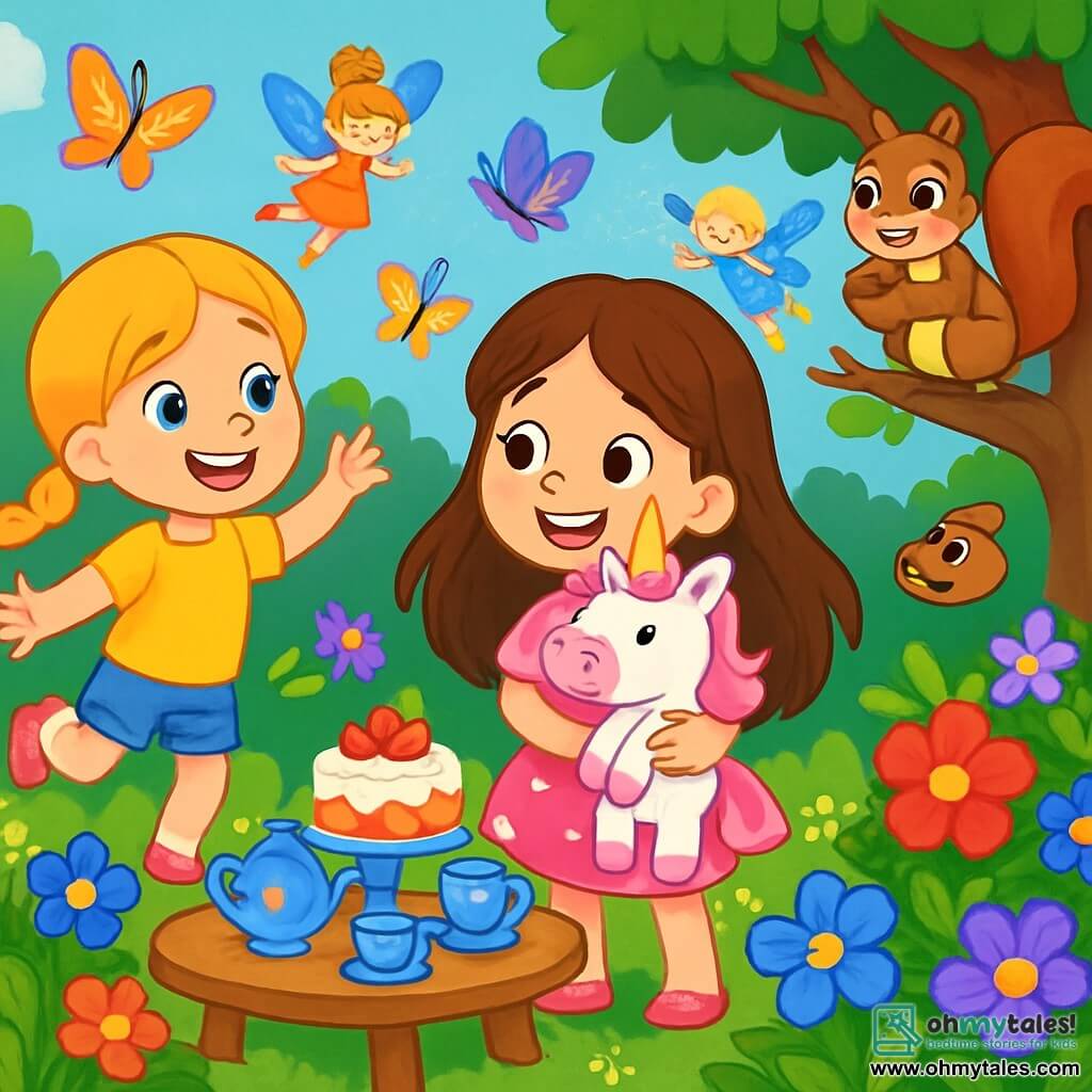 There are 3 characters: - Lily: a 5-year-old girl with long brown hair and sparkling eyes. She wears a pink dress with white polka dots and holds a stuffed unicorn. She stands in the center, smiling and full of energy. - Daisy: a 5-year-old girl with braided blonde hair and bright blue eyes. She wears a yellow t-shirt and denim shorts. She stands to the left of Lily, jumping with joy. - Sammy: a cute squirrel with brown fur and a bushy tail. He is perched on a tree branch to the right of Lily, holding a hazelnut in his tiny paws and curiously watching the girls. The setting takes place in an enchanted garden filled with colorful flowers with bright red, blue, and purple petals. In the center, a miniature tea table is set with sparkling cups and a cake decorated with strawberries. Colorful butterflies flutter around, adding a magical touch to the atmosphere. The main scene shows Lily and Daisy discovering their stuffed unicorn in the midst of a fairy tale tea party with butterflies and fairies. The girls laugh and have fun, surrounded by magic and bright colors, while Sammy the squirrel watches them with a big smile.