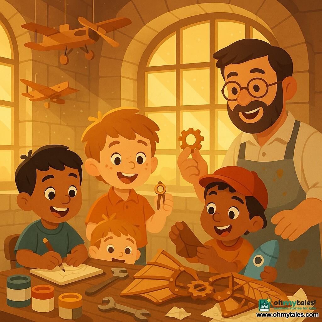 Five characters: Milo, a 5-year-old boy with tousled light brown hair and a freckled nose, holding a small wooden compass and standing center in front of the worktable; Benji, a 5-year-old boy with short black hair and a gap-toothed smile, to Milo’s left drawing in a notebook; Omar, a 5-year-old boy with a red cap and warm skin tone, to Milo’s right holding a small piece of leather for the wing and watching the machine enthusiastically; Luca, a 5-year-old blond boy, behind Milo on tiptoe holding a blue rocket comforter; and Master Paolo, about 40, bearded with round glasses and a paint- and flour-stained apron, standing by the bench smiling and showing a gear to the children — inside a warm Renaissance workshop with stone walls, large golden-lit windows, a worn wooden table cluttered with shiny metal tools, planks, rolled sketch papers, suspended wooden aircraft models and pots of paint; the children are helping the master assemble a wooden-and-leather mechanical wing for a small flying device, with brass gears, a carved wooden feather, screws and a crumpled plan on the table, joyful cooperation, focused smiling faces, warm light and detailed wooden textures.