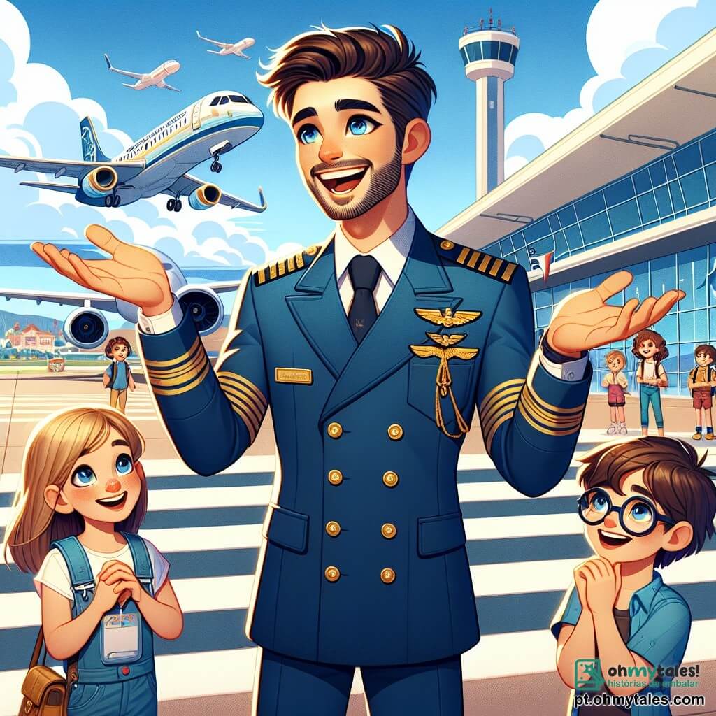 O personagem principal é um homem chamado Miguel, um piloto sorridente com cabelos castanhos e olhos brilhantes de alegria. Ele veste um uniforme azul com epaulettes douradas e está em frente ao seu avião, o "Avião dos Sonhos", gesticulando entusiasticamente para explicar sua profissão às crianças. Entre os personagens secundários, está Sofia, uma menina de 8 anos com longos cabelos loiros e olhos curiosos, que escuta atentamente Miguel enquanto levanta a mão para fazer uma pergunta. Ao lado dela, Pedro, um garoto de 9 anos com óculos e cabelos castanhos, observa admirado o avião, com os braços cruzados. A cena acontece no pátio de um aeroporto ensolarado, com um céu azul brilhante e nuvens brancas. Miguel explica com paixão o funcionamento de seu avião às crianças, que estão fascinadas por suas histórias de voo e aventura, criando uma atmosfera de admiração e descoberta.