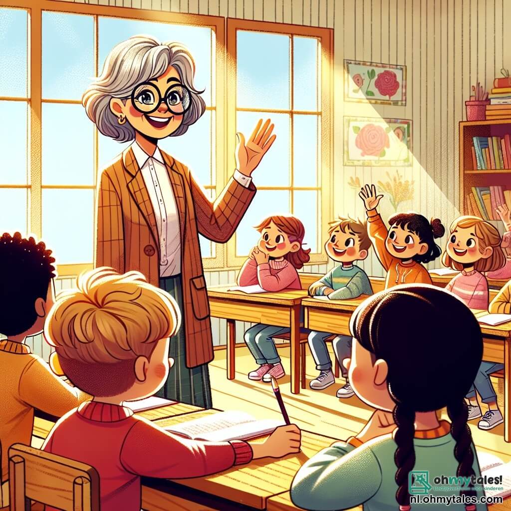 Mevrouw Van der Meer, een vrouw van rond de vijftig, staat in het midden van de klas, met grijs haar en ronde brillen die iets op haar neus glijden. Ze glimlacht warm, haar ogen sprankelend van passie, terwijl ze een boeiend verhaal aan de kinderen vertelt. Daan, een 12-jarig jongetje in een rode trui, zit op de eerste rij, enthousiast zijn hand opsteek, zijn gezicht verlicht door nieuwsgierigheid. Naast hem luistert Emma, een 11-jarig meisje met vlechten, aandachtig, met grote ogen, klaar om een vraag te stellen. De scène speelt zich af in een lichte klaslokaal, met muren versierd met kindertekeningen en ramen die zonlicht binnenlaten, waardoor de gezichten van de leerlingen verlicht worden. Mevrouw Van der Meer deelt verhalen over vrede en begrip, terwijl de kinderen, geboeid, ideeën en vragen uitwisselen, wat het belang van luisteren en empathie in een soms moeilijke wereld illustreert.