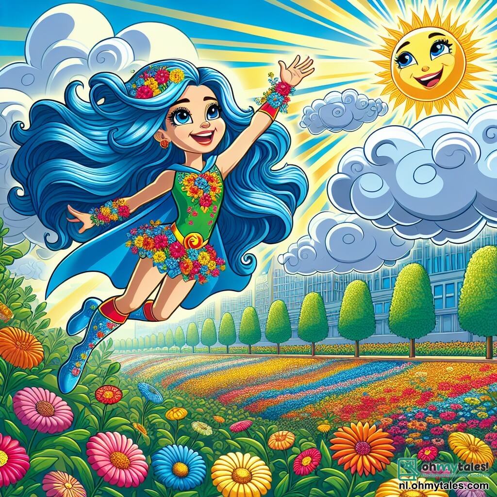 Zora, een superheldin, is een jonge vrouw met lange, golvende, stralend blauwe haren en schitterende sterrenogen. Ze draagt een kleurrijk kostuum met bloemenmotieven en vliegt vrolijk door de lucht met een grote glimlach op haar gezicht, terwijl ze haar hand naar de zon uitstrekt die door de wolken breekt. Naast haar beweegt een grote, vriendelijke wolk, die rond en glimlachend is, langzaam om de zonnestralen door te laten. Onderaan dansen bloemen in alle kleuren in de wind, herwinnen hun glans en tonen hun vreugde en dankbaarheid jegens Zora. De plek is een zonnige stad, omringd door grote bomen met heldergroene bladeren en bloeiende tuinen, waar de felle kleuren van de bloemen contrasteren met de blauwe lucht. De belangrijkste situatie toont Zora die de bloemen helpt hun kleur terug te krijgen door de wolk te laten bewegen zodat de zon binnenkomt, wat een scène van geluk en samenwerking creëert.