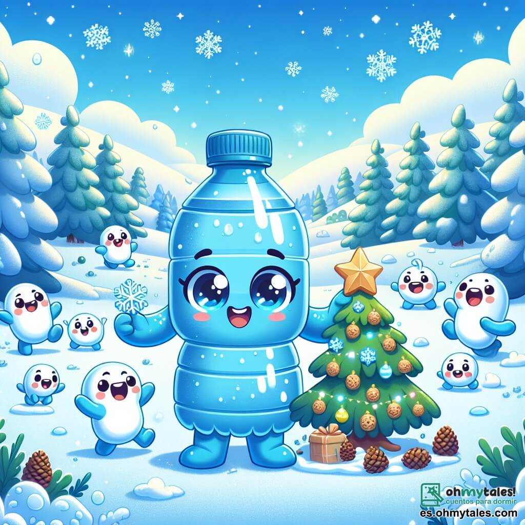 Aqua, la Botella de Agua, es un personaje alegre y chispeante, de color azul brillante, con ojos redondos y brillantes, que se encuentra en el centro de un parque nevado, sonriendo y llena de energía. Está decorando un pequeño árbol de Navidad con piñas y estrellas de madera, rodeada de copos de nieve que bailan a su alrededor. Junto a ella, un grupo de copos de nieve, pequeñas criaturas blancas y ligeras con caras sonrientes, se divierten haciendo bolas de nieve, riendo y lanzando copos al aire. Un pequeño árbol de Navidad, decorado de manera colorida, se alza orgulloso detrás de Aqua, añadiendo un toque festivo a la escena. El parque está cubierto por un espeso manto de nieve, con árboles cuyas ramas están cargadas de nieve brillante bajo un cielo azul claro salpicado de nubes blancas. Suaves colinas se dibujan en el horizonte, y el sol brilla suavemente, creando una atmósfera cálida a pesar del frío. La situación principal muestra a Aqua y sus amigos celebrando el invierno al decorar el árbol de Navidad, llenos de alegría y emoción, ilustrando el espíritu de camaradería y festividad de esta mágica temporada.