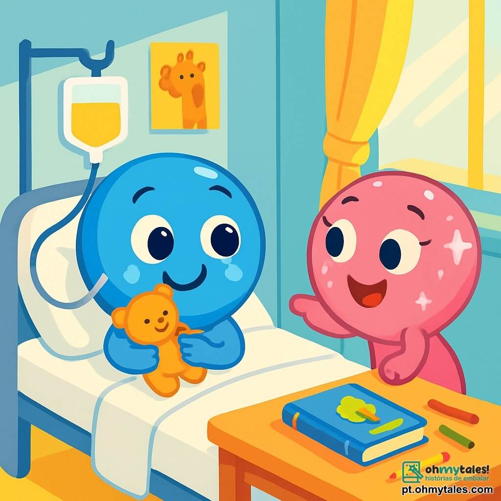 Bolota, uma pequena bolinha de gude azul brilhante com um coração dourado, está sentada em uma cama de hospital, exibindo um sorriso caloroso e cheio de esperança. Seus olhos brilham de curiosidade e alegria, enquanto segura um pequeno bichinho de pelúcia em seus braços. Ao lado dela, Estrelinha, uma bolinha de gude rosa com brilhos prateados, se inclina para frente com um ar brincalhão, seus olhos brilhando de travessura, contando uma história fascinante. O cenário é um quarto de hospital iluminado, com paredes pintadas de azul pastel, desenhos de animais coloridos pendurados nas paredes, e raios de sol filtrando pelas cortinas. Na mesa de cabeceira, há livros de histórias e lápis de cor espalhados. A situação principal mostra Bolota e Estrelinha compartilhando um momento alegre, rindo e se maravilhando com as histórias, criando uma atmosfera de camaradagem e conforto em meio aos desafios da doença.