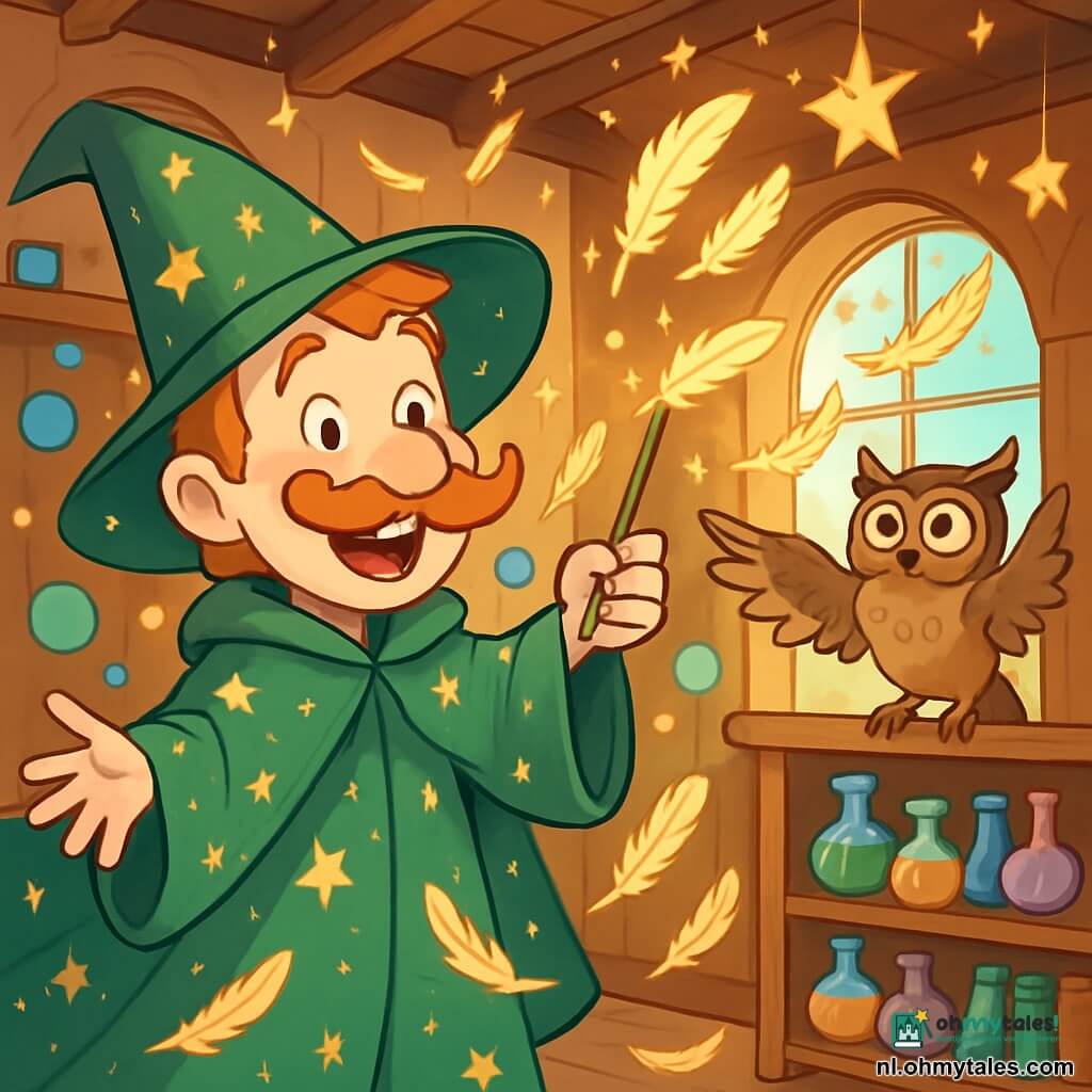 Een blije tovenaar genaamd Bram, met een grote groene cape versierd met fonkelende sterren, staat in het midden van een magische kamer. Zijn gezicht straalt van een brede glimlach en zijn gekrulde snor zweeft als een veertje in de lucht. Hij is omringd door kleurrijke magische bubbels die om hem heen dansen. Naast hem zit een wijze uil, Professor Pluim, met zachte veren en een ondeugende blik, op een plank. Hij flappert met zijn vleugels, alsof hij probeert de vallende sterren te vangen. De scène speelt zich af in een warme tovenaarswoning, met sculptuurhouten muren, planken vol kleurrijke toverdranken en ramen die het gouden ochtendlicht binnenlaten. Papieren sterren versieren het plafond en creëren een feeërieke sfeer. Bram is opgewonden en ontdekt dat zijn kamer vol glinsterende veren zit die uit de lucht vallen, waardoor zijn ruimte verandert in een ware magische show. De veren zweven om hem heen terwijl hij probeert te begrijpen hoe hij ze kan stoppen voordat de chaos zich in de betoverde wereld verspreidt.