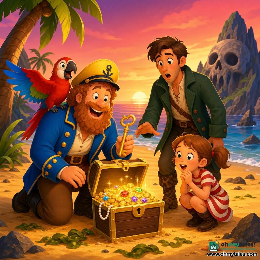 Captain Benny, a tall, smiling man with a reddish-brown curly beard, bright yellow hat and blue jacket with gold buttons, kneels holding a large golden key over an open treasure chest; rival Sam, about 30, surprised then relieved, muddy boots and dark green coat, stands behind with his hand toward the chest; Molly, about 8, eyes wide, pigtails and red-and-white striped dress, crouches admiring the shining coins; Patch the colorful parrot (red, green, blue) perches on Benny's shoulder squawking; scene on a small Skull Island beach with golden sand, twisted palms, black rocks and a pink-orange sunset, gentle waves and scattered seaweed; warm light illuminates happy faces as they discover glittering coins and jewels, evoking friendship and discovery in clear composition, saturated colors and simple shapes for children.