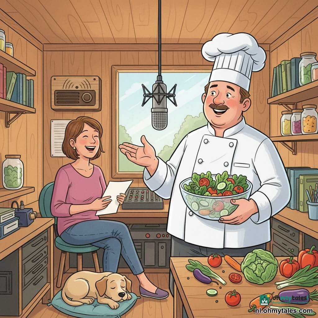 Een volwassen man, chef Koen, glimlachend en hartelijk, rond gezicht en fijne snor, smetteloze witte koksjas en grote witte koksmuts, die een grote glazen kom vasthoudt met felgroene slablaadjes, komkommer- en tomaatplakjes; een volwassen vrouw, de radiopresentatrice van ongeveer 30–40 jaar, kort kastanjebruin haar, casual kleding en microfoon voor zich, lacht zacht en houdt een vel papier, zittend links van de chef bij de mengtafel; een radiohond genaamd Binkie, klein beige kortharig hondje, liggend en slaperig op een kussen bij de voet van de mengtafel en licht snurkend; de studio is een warme compacte ruimte met lichte houten wanden, planken vol boeken en potten, een groot raam met zacht ochtendlicht, een houten tafel met gekleurde groenten, een oud radiopaneel en een grote hangende microfoon; de chef presenteert een frisse salade aan de microfoon met levendige gebaren, duidelijke groenten en texturen, vriendelijke lichte sfeer, felle contrasterende kleuren, eenvoudige vectorstijl met strakke lijnen en ronde vormen, compositie gecentreerd op de personages voor een vrolijk, kindvriendelijk beeld.