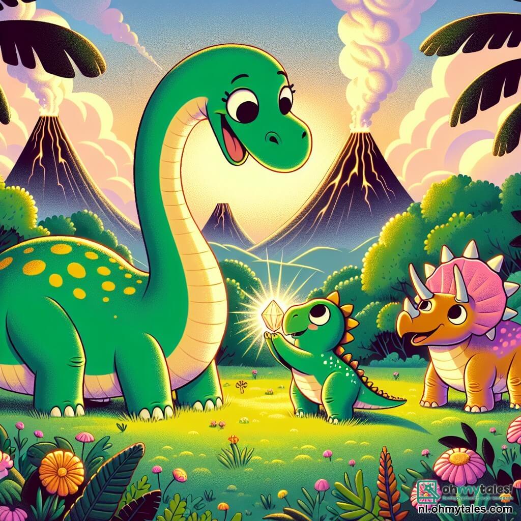 Een grote diplodocus genaamd Dippy, met een groene huid en gele vlekken, staat vrolijk in het midden van de afbeelding en heft zijn lange nek naar een magisch artefact dat in zijn poten schittert. Zijn grote ronde ogen drukken verwondering en nieuwsgierigheid uit. Naast hem kijkt een stegosaurus met roze rugplaten en een triceratops met oranje hoorns bewonderend naar hem, met stralende gezichten van vreugde. De stegosaurus staat links met een brede glimlach, terwijl de triceratops rechts staat, klaar om te helpen. De achtergrond is een weelderige vallei, omringd door rokende vulkanen, met kleurrijke bomen en stralende bloemen die leven aan de scène toevoegen. In de verte zakt de zon, en werpt gouden en roze tinten in de lucht. Dippy en zijn vrienden ontdekken het magische artefact, dat de scène verlicht met een warme gloed, terwijl ze zich voorbereiden om de krachten te gebruiken om andere dinosaurussen in de vallei te helpen.