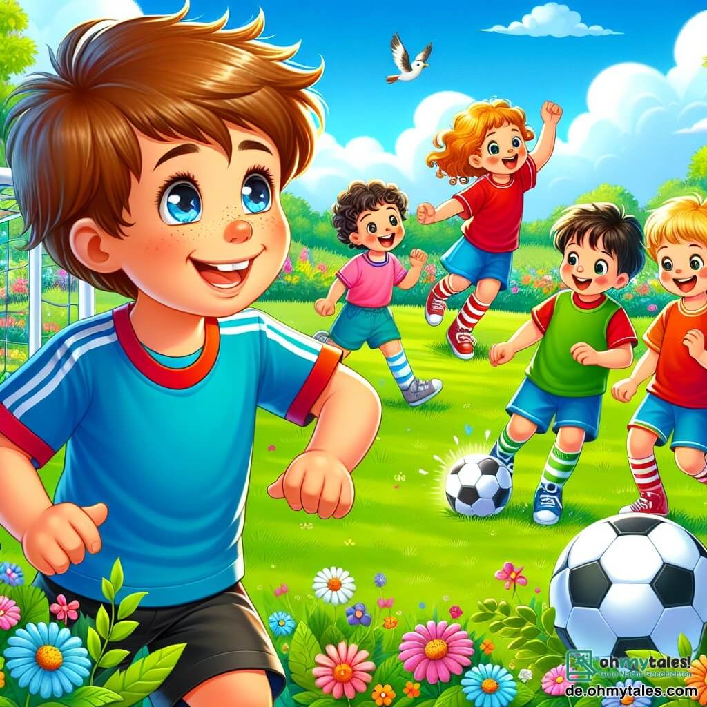 Ein junger Mann, Ben, lächelt begeistert und trägt ein leuchtend blaues Fußballtrikot und schwarze Shorts. Er hat zerzauste braune Haare und funkelnde Augen. Ben dribbelt einen Fußball auf einem grünen Feld, umgeben von bunten Blumen. Neben ihm schaut eine Gruppe von vier Kindern, zwei Jungen und zwei Mädchen im Alter von etwa 8 bis 10 Jahren, fasziniert zu. Der erste Junge mit Brille und blonden Haaren versucht, Bens Bewegungen nachzuahmen. Das erste Mädchen mit lockigen braunen Haaren lacht, während es zum Ball läuft. Der zweite Junge in einem roten T-Shirt applaudiert begeistert, während das zweite Mädchen in einem rosa Sportkleid sich bereit macht, aufs Tor zu schießen. Das Feld ist sonnig mit einem hellblauen Himmel und einigen weißen Wolken. Grüne Bäume säumen das Feld, und Vögel fliegen fröhlich darüber. Die Hauptsituation zeigt Ben, der den Kindern Fußballtechniken beibringt, alle vereint durch die Leidenschaft für das Spiel, lachend und gemeinsam Spaß habend.