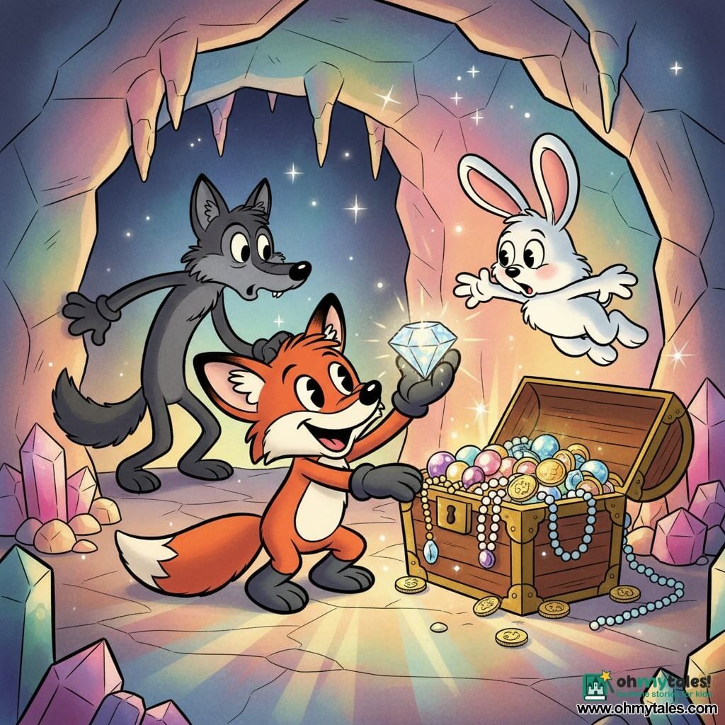 A small red fox with shiny fur and bright eyes crouches proudly and smiles in front of an open chest, holding a glittering gem; a fluffy white rabbit named Bella with long ears and wide, amazed eyes hops beside him reaching for the jewels; a sleek dark-gray wolf named Woodrow stands at the edge of the scene, leaning forward and watching with a surprised, sly look; they are in a crystal cave glittering with multicolored crystals, polished stone floor and tiny sparkling stalactites, bathed in warm, soft, prismatic light in a retro cartoon style with thick black outlines and exaggerated expressions, celebrating the treasure discovery while the wolf observes.