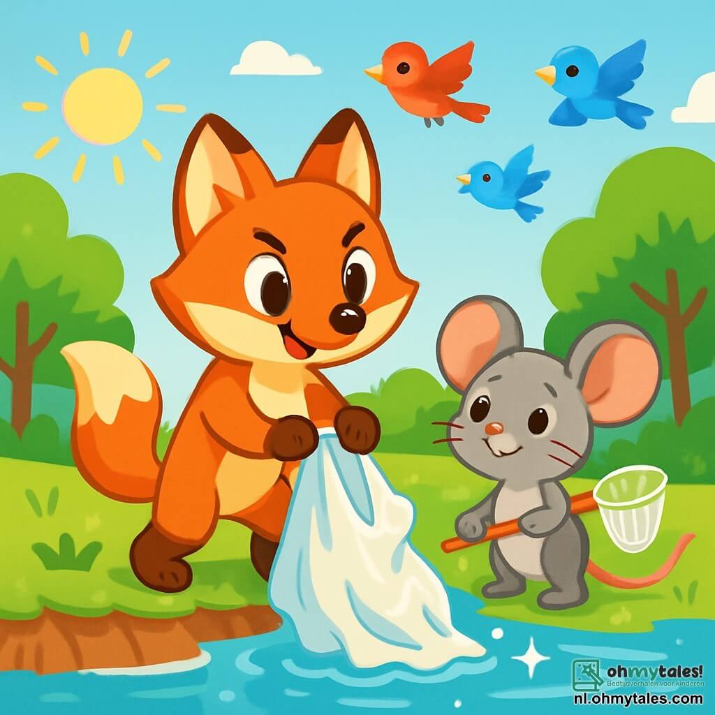 Een kleine rode vos, Felix, met een glanzende vacht en sprankelende ogen vol vastberadenheid, staat aan de rand van een mooi wateroppervlak en trekt een groot stuk plastic uit de rivier. Naast hem staat een kleine grijze muis genaamd Mia, met grote oren en een bemoedigende glimlach, die een klein net vasthoudt en Felix bewonderend aankijkt. Op de achtergrond vliegen kleurrijke vogels vrolijk in de blauwe lucht en groene bomen omringen de scène. De rivier, ooit troebel, begint te glanzen onder de zon, en lichtflitsen dansen op het heldere water. De situatie laat Felix en Mia zien die samen aan het werk zijn om de natuur schoon te maken, omringd door een vrolijke en vriendelijke sfeer.