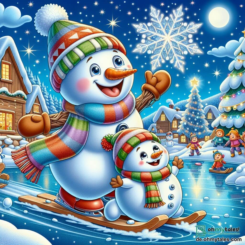 Fridolin, ein fröhlicher Schneemann mit einer großen Karotte als Nase und einem bunten Schal, lächelt begeistert, während er über das Eis eines gefrorenen Sees gleitet. Seine Äste sind erhoben, was seine Freude und Verwunderung ausdrückt. Neben ihm tanzt Stella, ein zarter, funkelnder Schneeflocke, in der Luft mit einem glücklichen Ausdruck auf ihrem Gesicht. Sie ist von kleinen Funken umgeben, die der Szene einen magischen Touch verleihen. Die Kulisse ist ein charmantes Winterdorf mit Holzhäusern mit schneebedeckten Dächern, funkelnden Lichtern und einem großen geschmückten Weihnachtsbaum, der in der Ferne leuchtet. Der Himmel ist strahlend blau, mit einigen weißen Wolken. Die Hauptsituation zeigt Fridolin und Stella, die zusammen auf dem Eis Spaß haben, gleiten und lachen, während Kinder in der Nähe einen großen Schneemann bauen, was eine festliche und fröhliche Atmosphäre schafft.