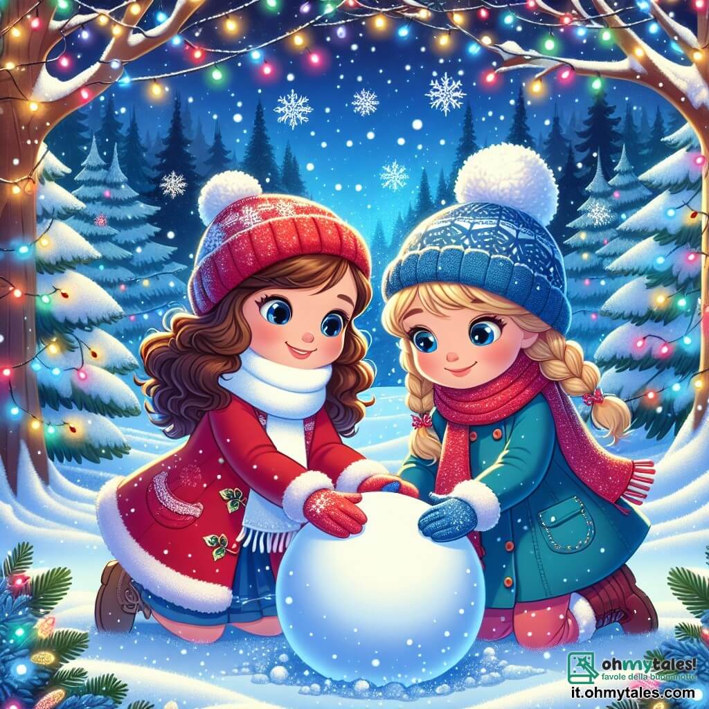 In una scena magica di Natale, due amiche sono al centro dell'immagine. **Mia**, una ragazza di 8 anni con capelli ricci castani e un sorriso splendente, sta rotolando una grande palla di neve, indossando un cappotto rosso vivo e una sciarpa bianca. Accanto a lei, **Sara**, una ragazza di 7 anni con capelli biondi intrecciati e occhi scintillanti, indossa un berretto di lana blu e guanti abbinati. Si appresta a posare la piccola palla di neve sulla testa del pupazzo di neve che hanno appena creato. Lo sfondo è una foresta incantata, coperta da un spesso manto di neve scintillante, con alberi decorati da luci colorate e fiocchi di neve che cadono dolcemente dal cielo stellato. La scena principale mostra Mia e Sara, meravigliate, che scoprono un vecchio campanello nascosto tra i rami di un albero. Quando lo toccano, un lampo di luce magica le circonda, rivelando la bellezza del momento e la magia del Natale che le avvolge.