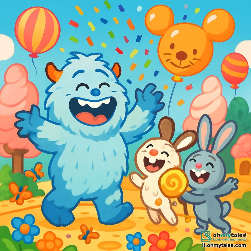 Un yéti pelucheux e azzurro, chiamato Gigi il Ridolino, si trova al centro della scena, con un grande sorriso splendente e occhi scintillanti di gioia. Sta ridendo di gusto, circondato da coriandoli colorati che volano intorno a lui. Alla sua destra, due coniglietti, Cippi e Cappa, di circa 5 anni, con lunghe orecchie e nasi tondi, saltano di gioia tenendo un enorme lecca-lecca giallo. Cippi, con il pelo bianco e macchie marroni, ride a crepapelle, mentre Cappa, tutto grigio, fa un grande gesto con le zampe anteriori, come per applaudire. Il decor è un carnevale magico, con strade di biscotti croccanti, alberi di marshmallow e enormi palloni a forma di caramelle che fluttuano in un cielo blu brillante. Al centro, una grande pista da ballo di zucchero filato è circondata da farfalle colorate e fiori di caramelle. La scena principale mostra Gigi, Cippi e Cappa che ridono insieme, mentre un enorme palloncino a forma di topo esplode sopra di loro, liberando migliaia di coriandoli multicolori che cadono come una pioggia dolce, creando un'atmosfera festosa e gioiosa.