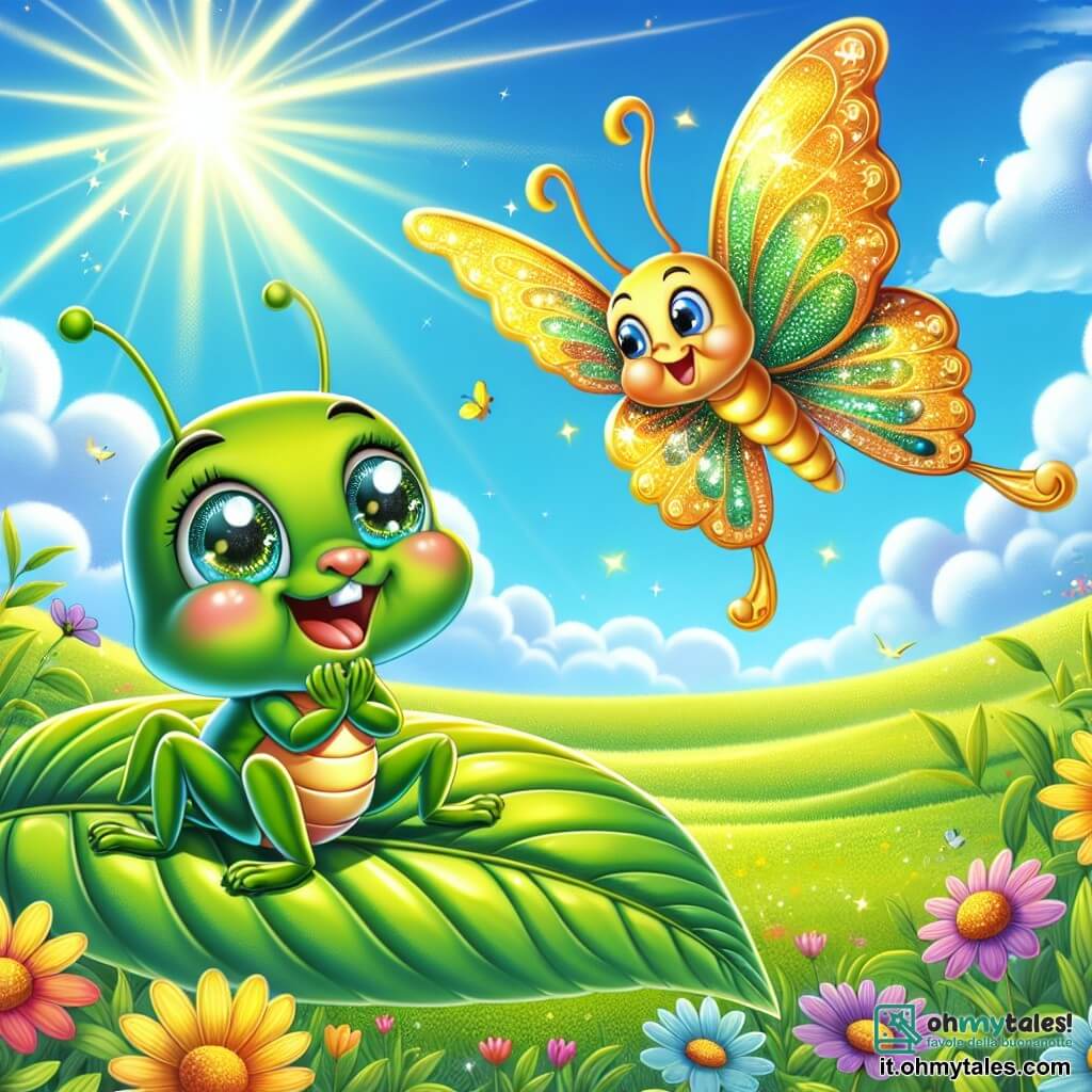 Un piccolo grillo verde, con gli occhi scintillanti di curiosità, salta gioiosamente su una foglia verde brillante, sorridendo. Sembra meravigliato, come se avesse appena scoperto un segreto fantastico. Vicino a lui, una farfalla dorata, con ali scintillanti e un'aria gioiosa, danza nell'aria, le sue vivaci colorazioni illuminano l'ambiente. Sorride guardando il grillo, condividendo la sua gioia. Il paesaggio è un ampio e lussureggiante prato, punteggiato di fiori colorati sotto un cielo blu chiaro con alcune nuvole bianche. Il sole splende, creando un'atmosfera calda e accogliente. La scena principale mostra il grillo e la farfalla che danzano insieme, celebrando la bellezza del mondo che li circonda, mentre i raggi di luce filtrano tra le foglie, aggiungendo un tocco magico al loro momento di felicità.