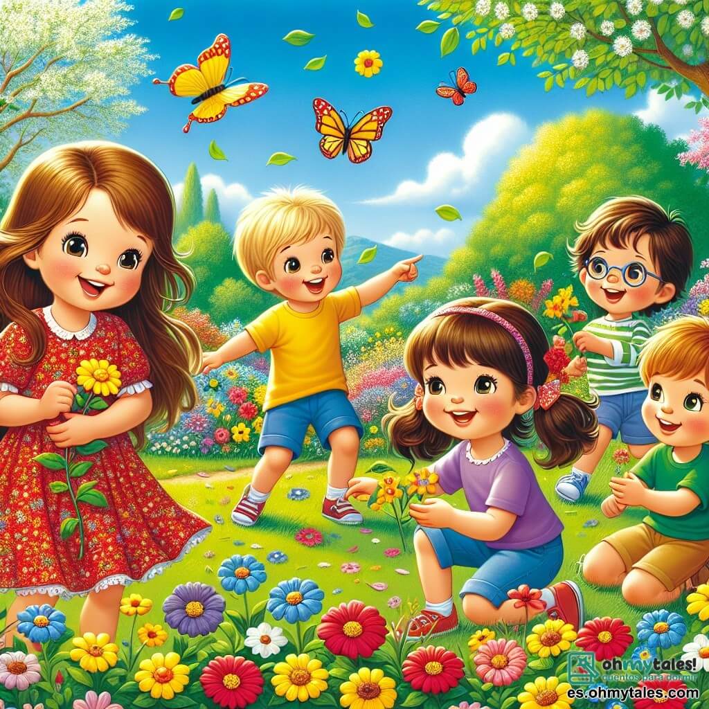 En un jardín primaveral luminoso, cinco niños se divierten juntos. Ana, una niña de 8 años con largos cabellos castaños y un vestido rojo con flores, sonríe sosteniendo una flor. A su lado, Pablo, un niño de 7 años con cabello rubio y camiseta amarilla, señala una mariposa amarilla que vuela cerca. Carlos, un niño de 9 años con gafas y pantalones cortos azules, está agachado recogiendo hojas. Sofía, una niña de 6 años con dos coletas y un vestido violeta, sostiene una guirnalda de flores coloridas. Finalmente, está Miguel, un niño de 8 años con cabello castaño y camiseta verde, que baila alegremente al fondo. El jardín está lleno de flores brillantes de colores vivos: rojas, amarillas y azules, con árboles verdes y un cielo azul claro salpicado de nubes blancas. Los rayos del sol iluminan la escena, creando una atmósfera alegre y festiva. Los niños limpian el jardín y decoran con guirnaldas de flores, riendo y jugando, celebrando la belleza de la primavera.