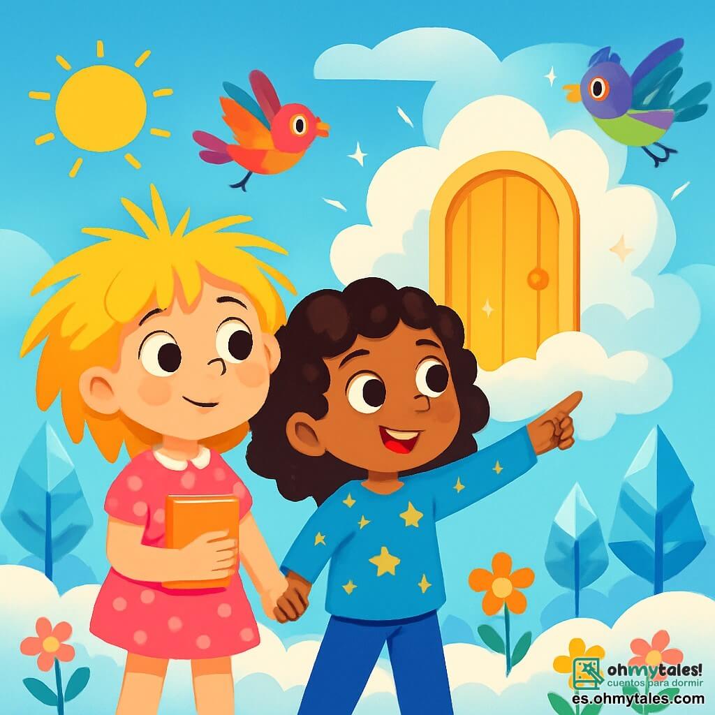 Hay 2 personajes principales: Clara, una niña de 8 años con cabello desordenado, brillante como rayos de sol y ojos curiosos color avellana, que lleva un vestido rosa con lunares blancos y sostiene un pequeño cuaderno; y Luna, una niña de 8 años con cabello rizado y negro, ojos chispeantes de travesura y una camiseta azul con estrellas, que está al lado de Clara, señalando hacia una puerta dorada en una nube. La situación principal ocurre en un mundo de hadas, flotando en el aire, con un suelo de nubes esponjosas y blancas, salpicadas de flores coloridas que bailan al viento. Árboles de cristal brillan bajo un cielo azul radiante, mientras pájaros de plumas multicolores vuelan alrededor, cantando melodías hipnotizantes. La escena muestra a Clara y Luna, asombradas, frente a una puerta dorada que brilla en una nube mágica, de la mano, listas para entrar en este mundo misterioso, con rostros iluminados por la emoción y la curiosidad.