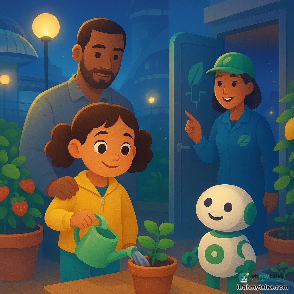 Bambina di 6 anni, occhi grandi e curiosi, capelli castani con due codini, viso sorridente e sguardo fiero, veste giacca gialla e pantaloni turchesi; tiene un piccolo annaffiatoio di plastica verde chiaro e innaffia delicatamente una piantina di menta su un tavolo in legno chiaro. Un uomo di circa 35 anni, il papà, capelli corti e barba leggera, giacca grigia, sta dietro di lei con la mano sulla spalla, sguardo benevolo. Una donna di circa 30 anni, membro della Squadra Verde, casco verde e tuta da lavoro blu, sorride e indica la porta aperta del giardino accanto a una portiera metallica con il simbolo foglia+circuito. Un piccolo robot-giardiniere rotondo, testa sorridente dipinta bianca con accenti verdi, osserva la bambina e tiene un piccolo copricavo vicino a un vaso di piante. Luogo: giardino sospeso tra due torri futuristiche, pavimento in legno chiaro, fioriere tonde con fragole e limoni, cupola di vetro con pannelli solari, lampade a forma di fiore che diffondono una luce dorata, passerelle metalliche sullo sfondo. Situazione: tranquilla celebrazione dopo aver riparato le luci del quartiere — la bambina annaffia, gli adulti sorridono, il robot aiuta e la porta del giardino si apre sulla città notturna con lampioni che sembrano lucciole.