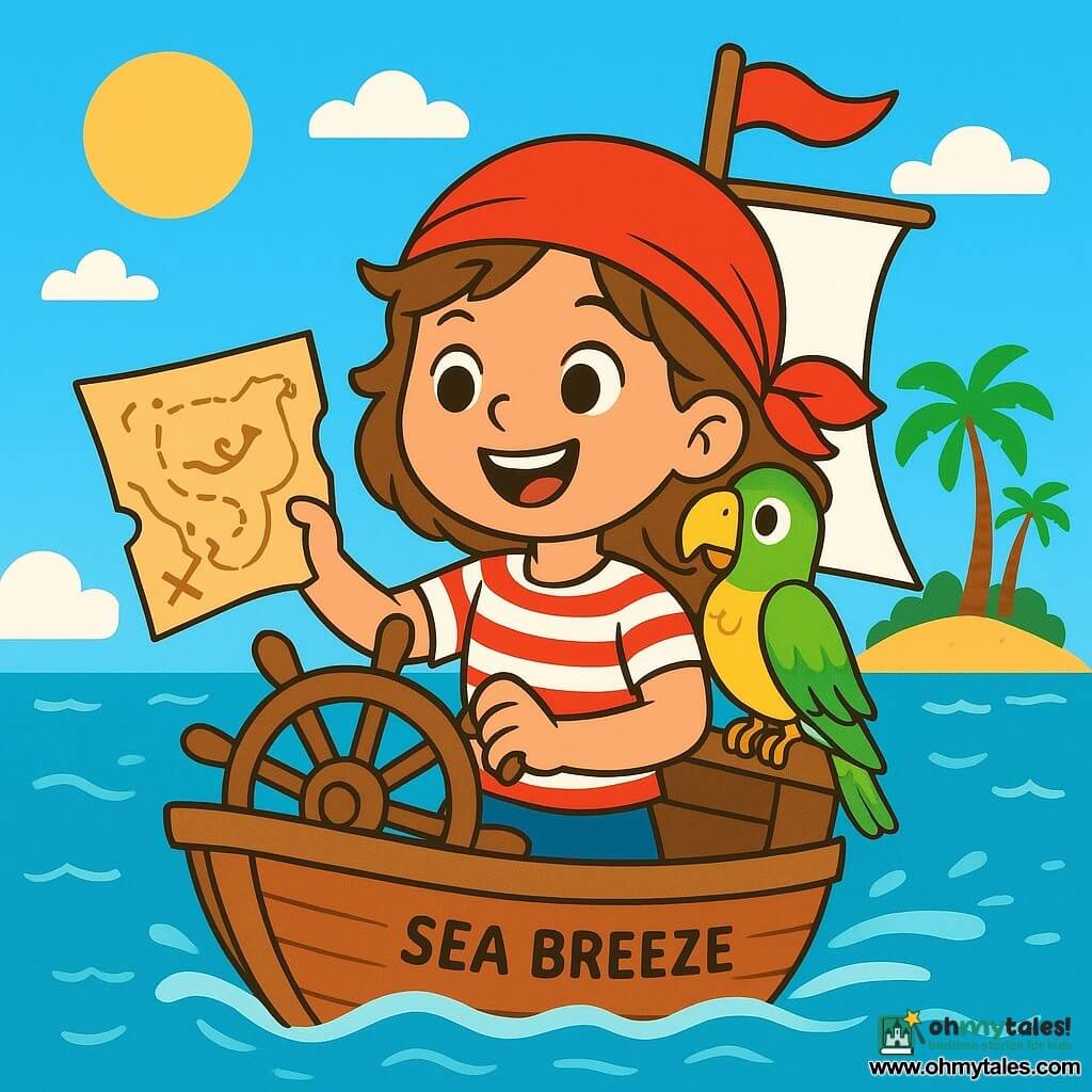 A young pirate, Lily, a 10-year-old girl with messy brown hair and a big joyful smile, stands on the deck of her small boat, the "Sea Breeze." She wears a bright red bandana and a striped shirt, her eyes shining with excitement as she firmly holds the helm. Next to her, Benny, a colorful parrot with green and yellow feathers, perches on her shoulder, looking curious and playful. The sky is blue and sunny, with a few white clouds floating by. The boat sails on a sparkling sea, where the waves dance under the sun. In the background, a tropical island with palm trees and golden sandy beaches can be seen. The main scene shows Lily and her crew ready to embark on an adventure to find treasure, with a treasure map in her hands. Excitement and a spirit of adventure fill the air as the wind billows the boat's sails.