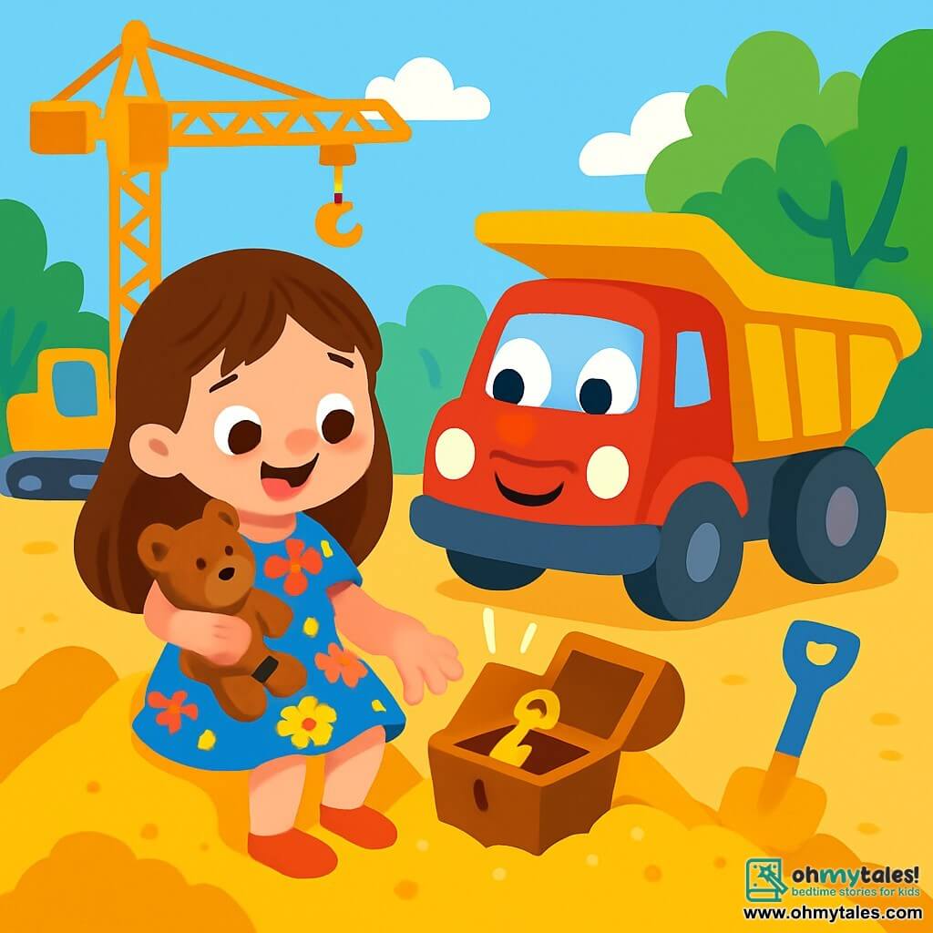 A 4-year-old girl named Lily, with long brown hair and sparkling curious eyes, is sitting on a pile of sand, a big smile on her face. She is wearing a colorful floral dress and holding a small teddy bear, Teddy, against her. Next to her, a large red construction truck seems to listen, with bright headlights and a friendly expression. The setting is a sunny construction site, with shiny machines, colorful tools, and piles of golden sand glistening in the sun. Lush green trees surround the area, adding a touch of nature to the environment. Lily discovers a small shiny box buried in the sand, her eyes lighting up with surprise and excitement as she opens it, revealing a sparkling golden key.