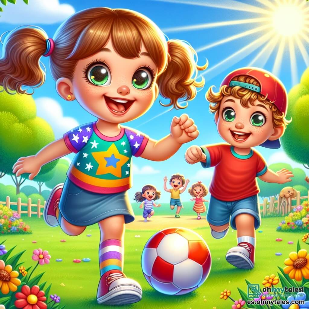 Una niña de 7 años, Lucía, con grandes coletas y una camiseta de estrellas de colores, sonríe con entusiasmo mientras juega con un balón en un parque soleado. Sus ojos brillan de alegría y emoción. A su lado, un niño de 7 años, Tomás, con cabello rizado y una gorra roja, se ríe al lanzar el balón hacia ella, mostrando su amistad y energía. El parque está lleno de grandes árboles verdes, flores coloridas y un cielo azul claro, creando una atmósfera alegre y acogedora. En el fondo, otros niños juegan y ríen, sumando a la animada atmósfera. La escena principal muestra a Lucía y Tomás corriendo juntos tras el balón, simbolizando la amistad y el placer de aprender mientras juegan.