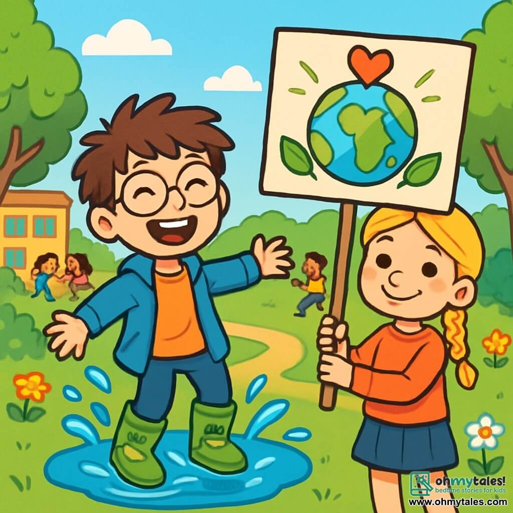 A 10-year-old boy named Max, with messy brown hair and round glasses, stands in a puddle, joyfully splashing around in his green rubber boots decorated with little frogs. His face beams with happiness and excitement, featuring a big smile and sparkling eyes. Next to him is his best friend Sasha, a 10-year-old girl with braided blonde hair, holding a colorful sign that says "Save our Planet!" and smiling proudly. In the background, the school park is lush with greenery, featuring leafy trees and colorful flowers, while children play and laugh around them. The scene exudes a joyful and dynamic atmosphere, illustrating the teamwork and commitment of the children to protect their environment.