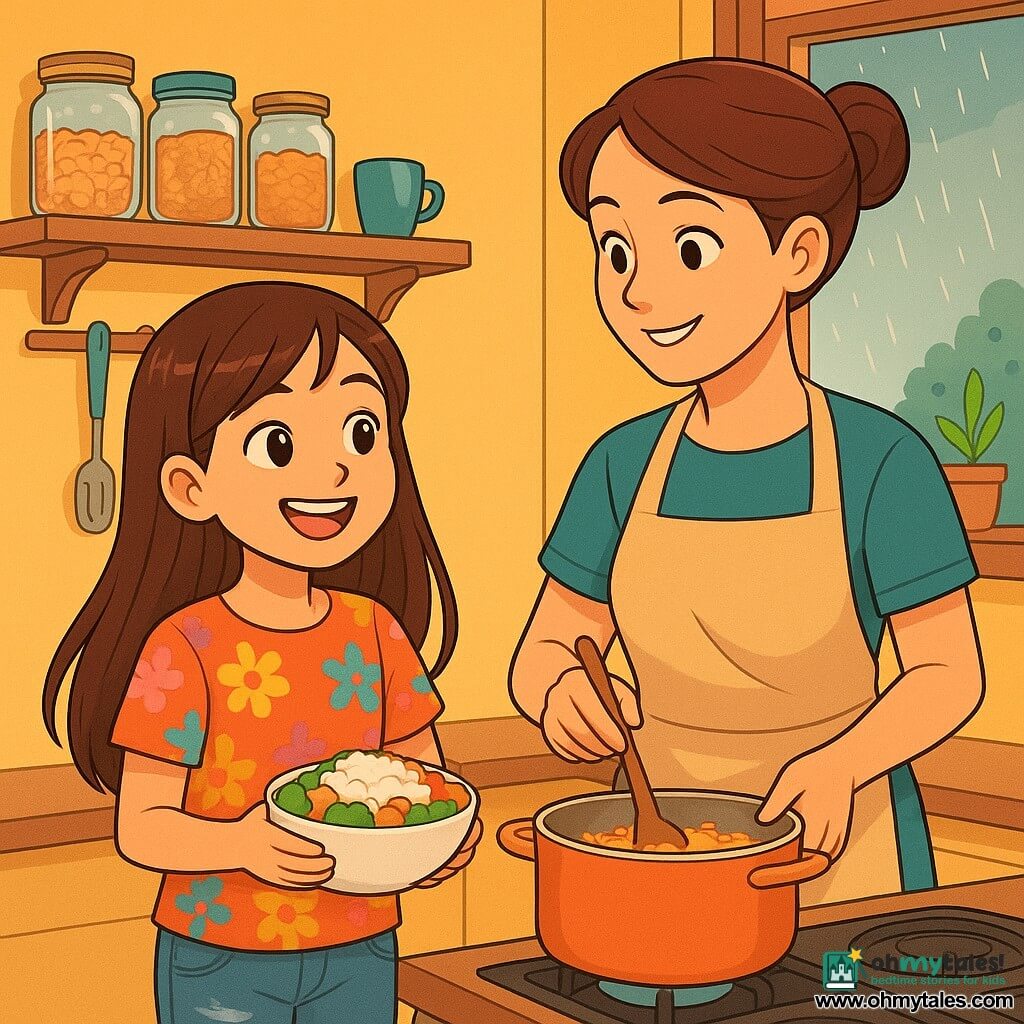 A 10-year-old girl, Maya, with long brown hair and sparkling eyes, joyfully smiles while holding a bowl of rice and vegetables. She wears a colorful t-shirt with flower patterns and worn jeans. Next to her, her mother, Ana, a woman in her thirties with brown hair in a bun, proudly watches her daughter while stirring a pot on the stove. Their small kitchen is warm, with yellow walls and shelves filled with glass jars and kitchen utensils. A window lets in sunlight, illuminating the small raindrops falling outside. The scene shows Maya and Ana preparing a meal together, filled with happiness and connection, symbolizing love and solidarity in the face of everyday challenges.