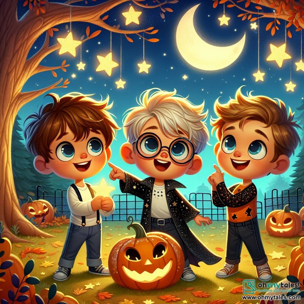 Three boys, Max, Leo, and Sam, are gathered at the center of the scene. Max, an 8-year-old with messy brown hair and round glasses, holds a shiny star in his hand. Leo, a 9-year-old with blond hair and a big smile, points at the sky, amazed by the moon. Sam, the smallest at 7, wears a sparkling orange costume with black stars and dances joyfully among his friends. The setting is a schoolyard under a starry night sky, featuring a large tree with twisted branches and a friendly illuminated pumpkin at its base. Golden and red autumn leaves cover the ground, and soft light from the full moon creates a magical and warm atmosphere. The scene captures the moment when the boys, filled with excitement, have just discovered hidden stars and are about to celebrate their victory with laughter and sparkling confetti falling around them, adding a touch of magic to their Halloween adventure.