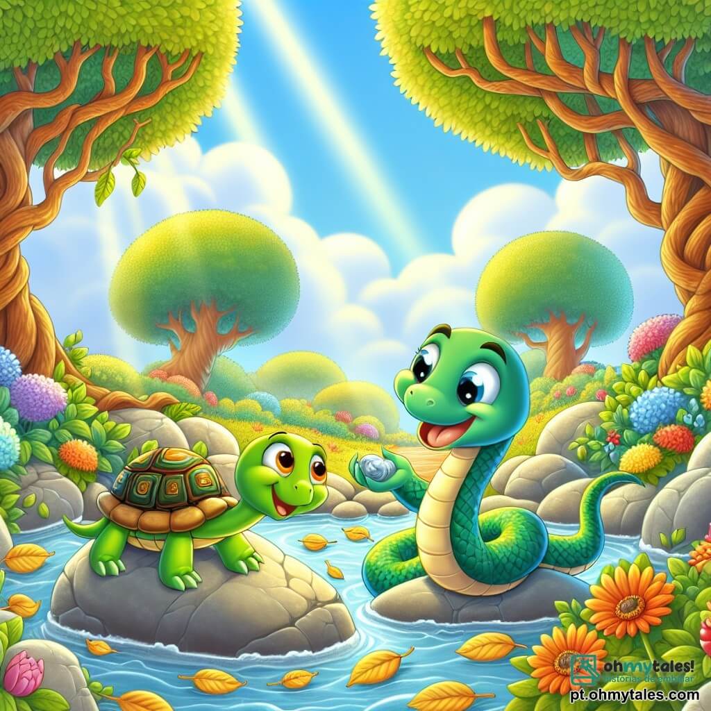 Um pequeno serpente chamado Sibilo, com escamas verdes brilhantes e olhos curiosos, desliza alegremente sobre um tapete de folhas douradas, com um sorriso maravilhado no rosto. Ao seu lado, uma gentil tartaruga chamada Telma, com uma carapaça colorida e olhos doces, o incentiva sorrindo, parada em uma pedra lisa perto do riacho. Ao fundo, uma floresta encantada se estende, com árvores majestosas de troncos retorcidos, flores vibrantes de todas as cores e um céu azul salpicado de nuvens fofas. A cena mostra Sibilo descobrindo uma pedra brilhante à beira do riacho, enquanto raios de sol filtram pelas folhas, criando uma atmosfera mágica e alegre.